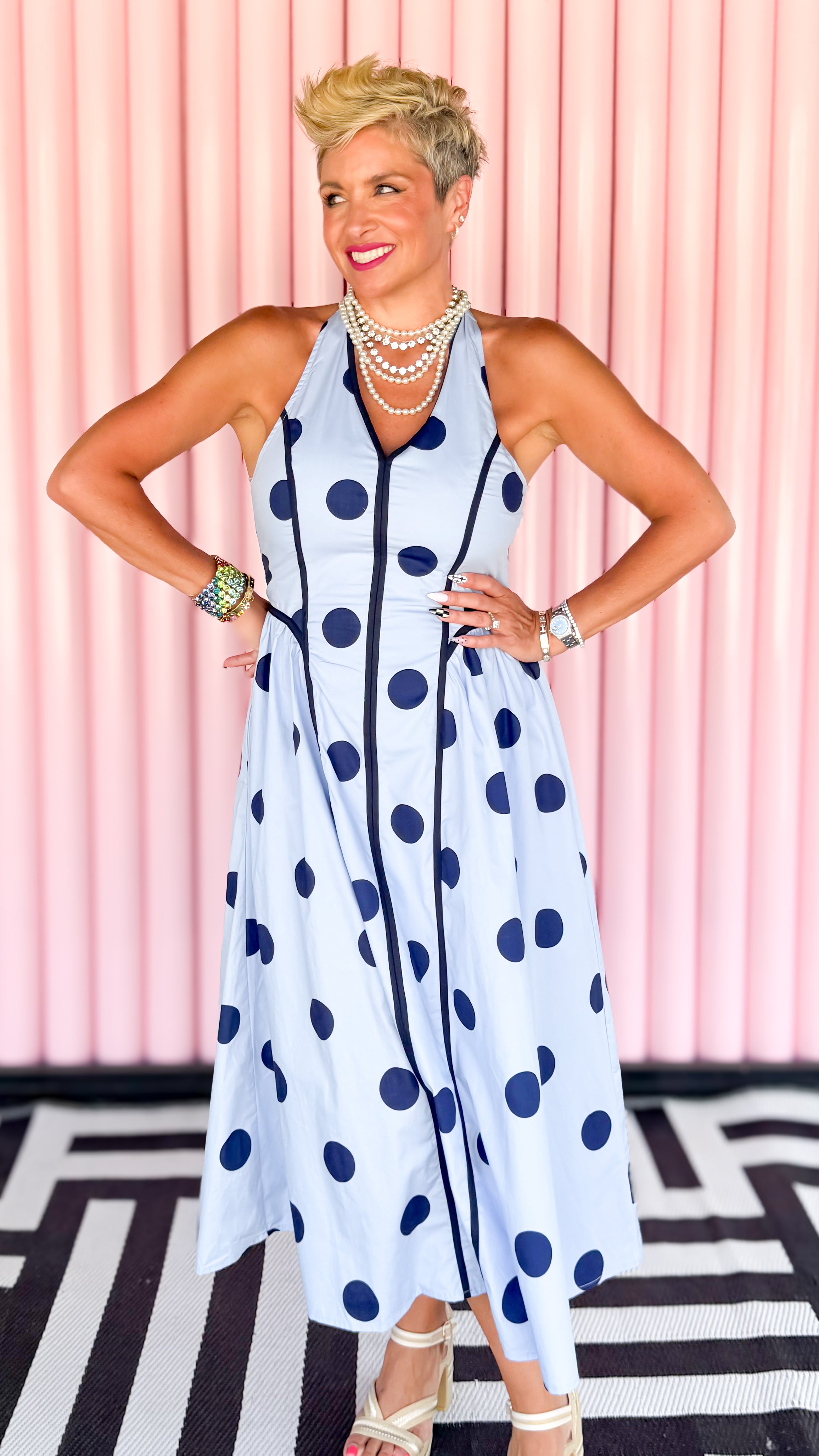 Polka Dot Halter Midi Dress/Navy