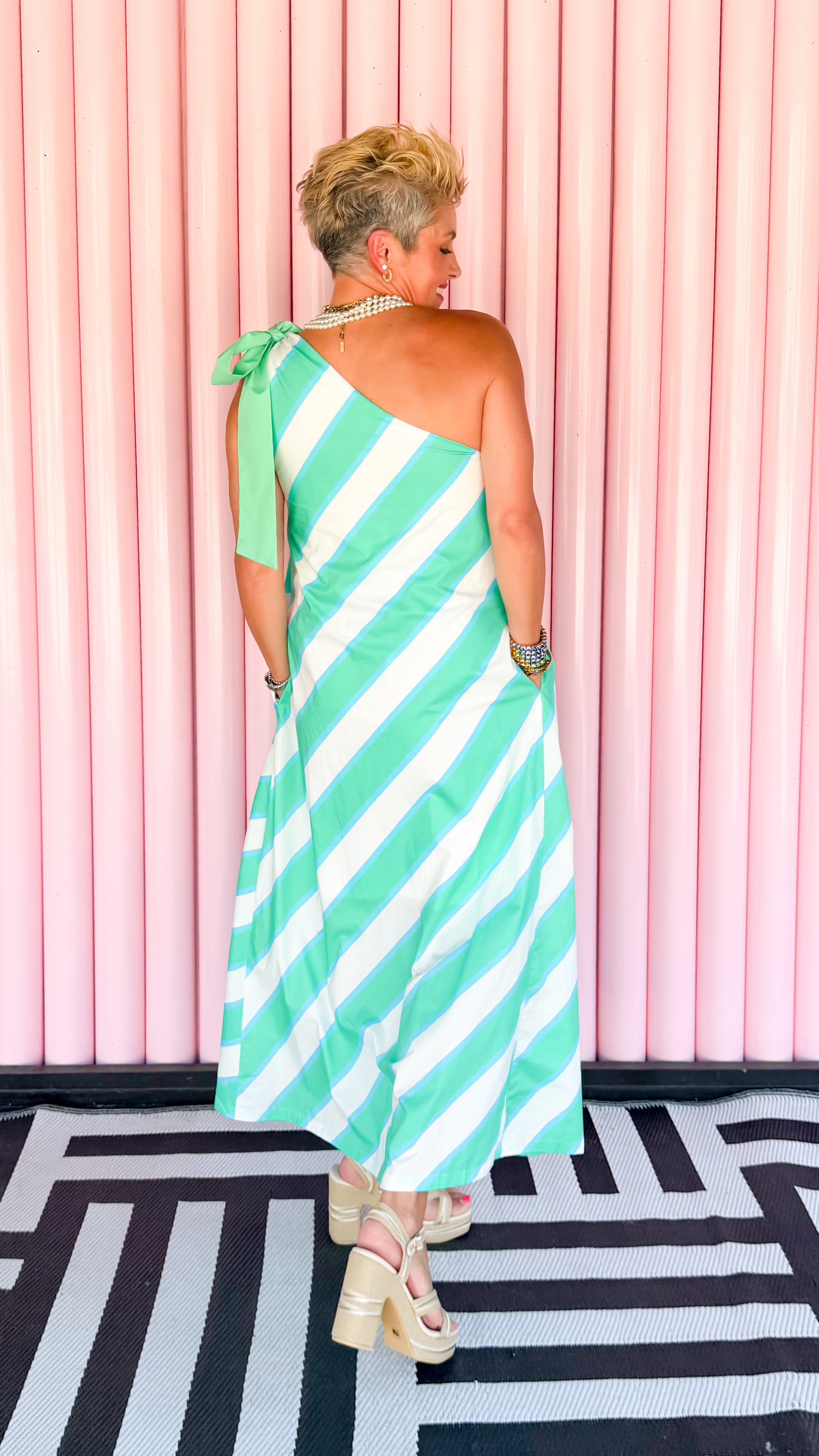 One Shoulder Striped Dress/Mint