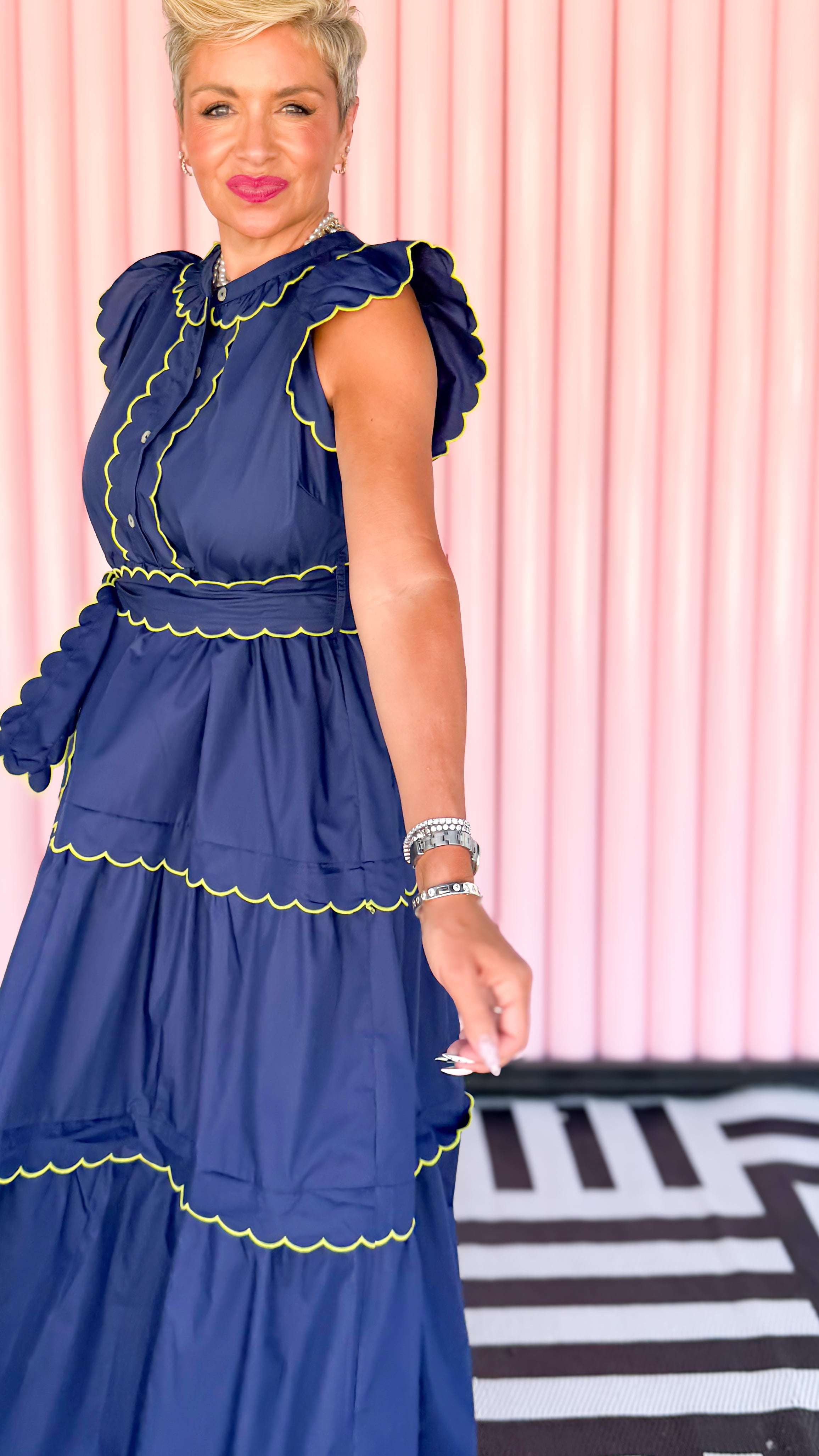 Lime Trimmed Scalloped Dress/Navy