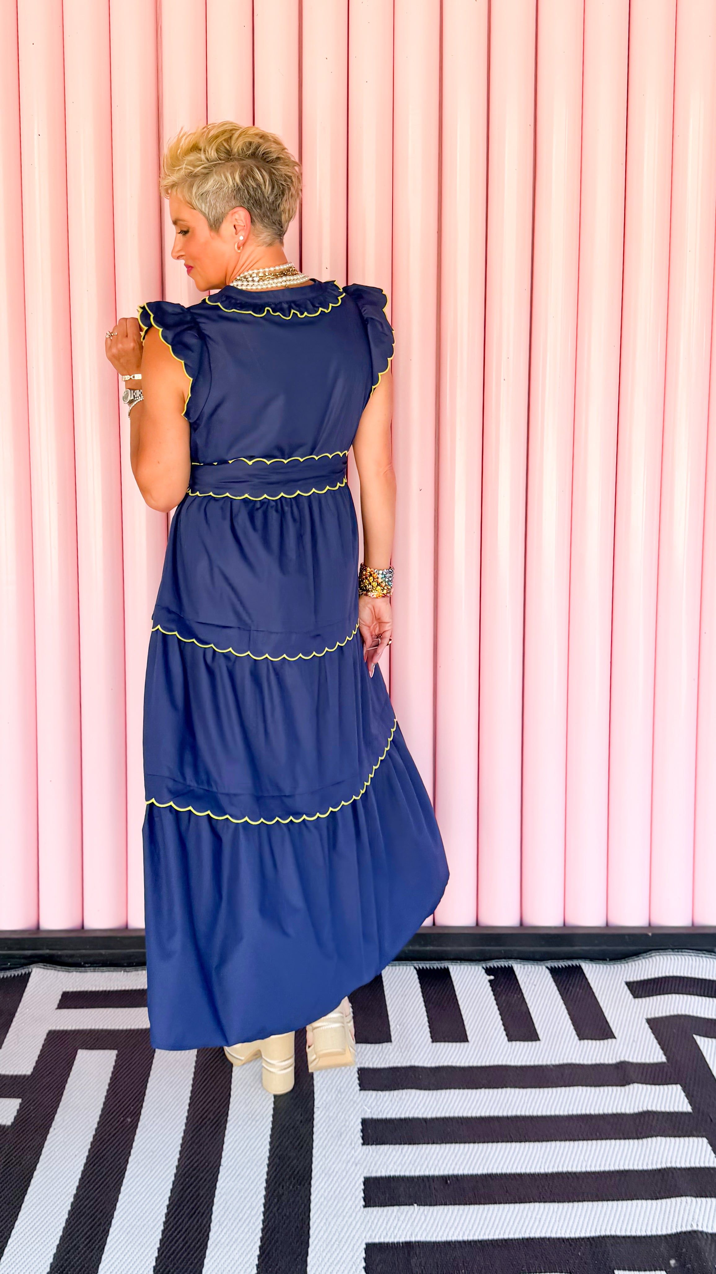 Lime Trimmed Scalloped Dress/Navy