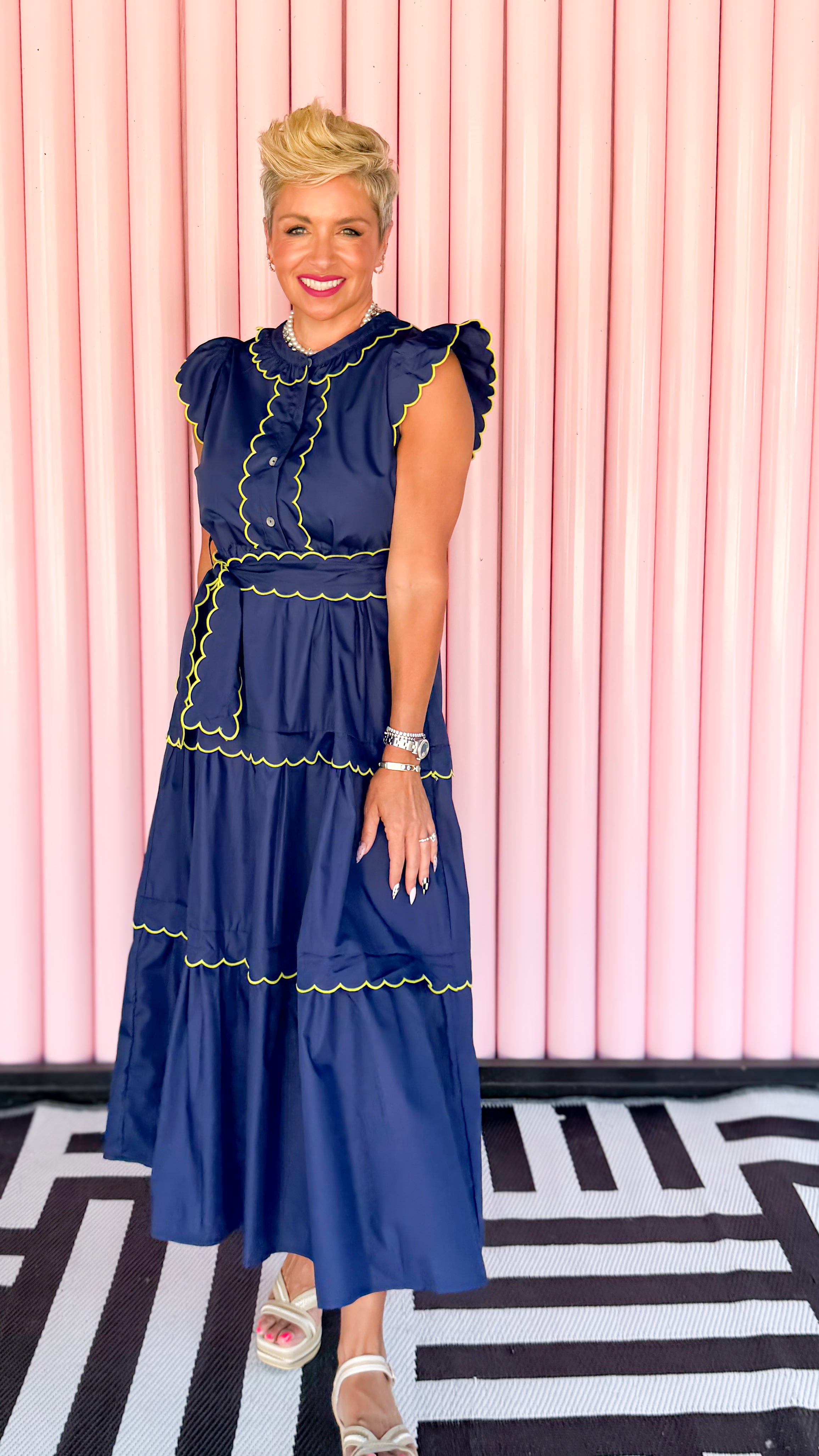 Lime Trimmed Scalloped Dress/Navy