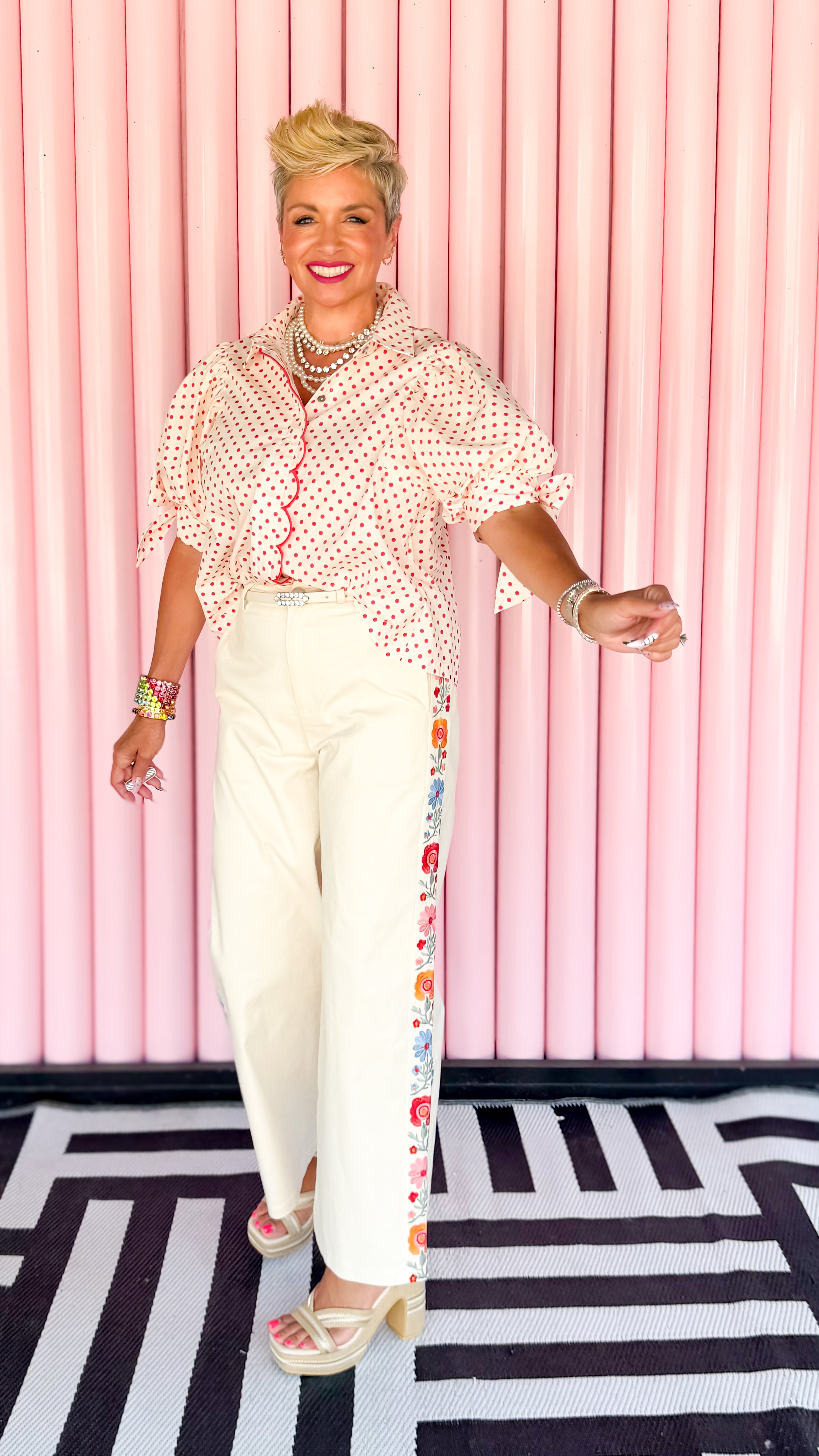 Embroidered Side Panel Pants/Cream