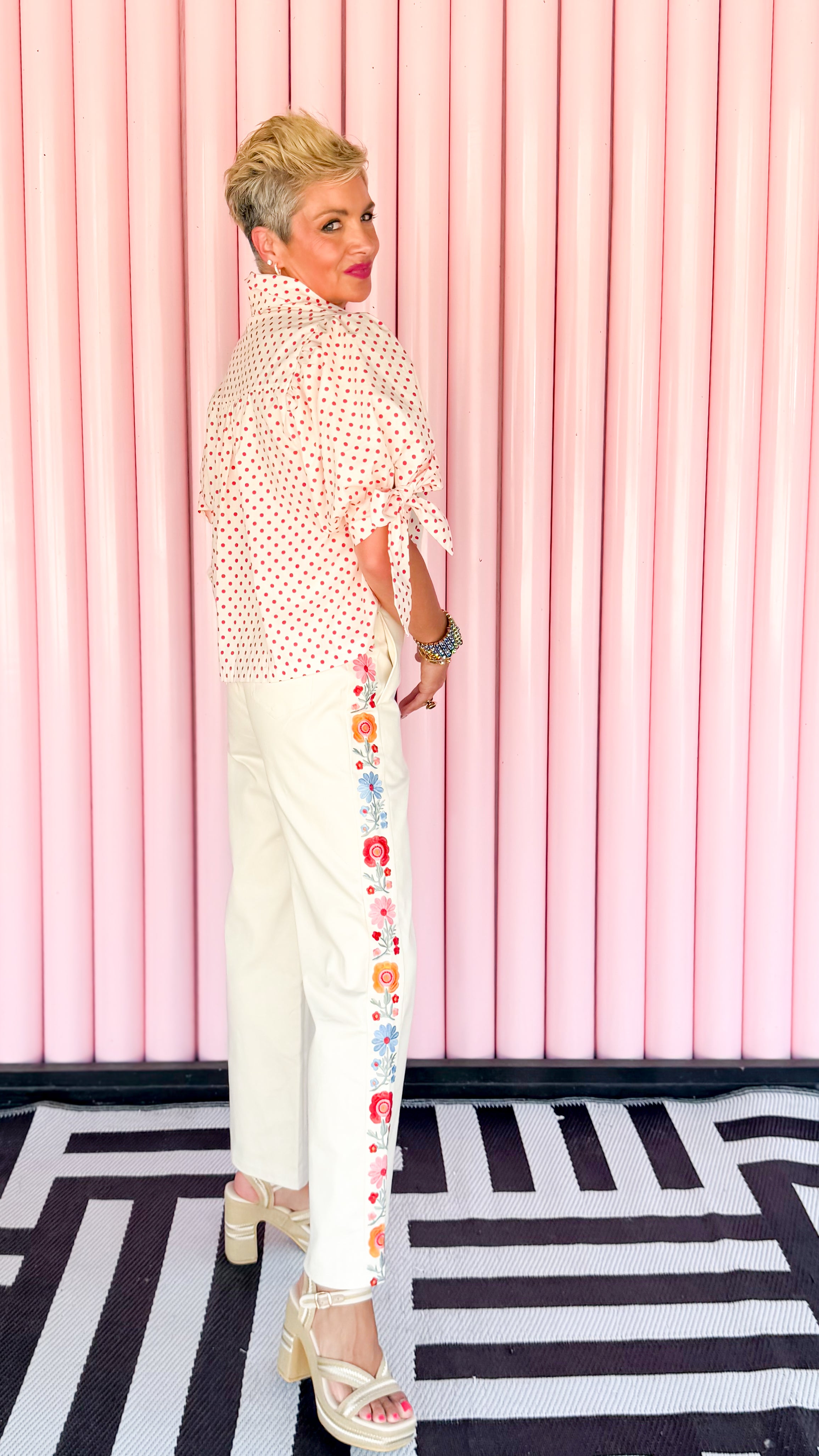 Embroidered Side Panel Pants/Cream