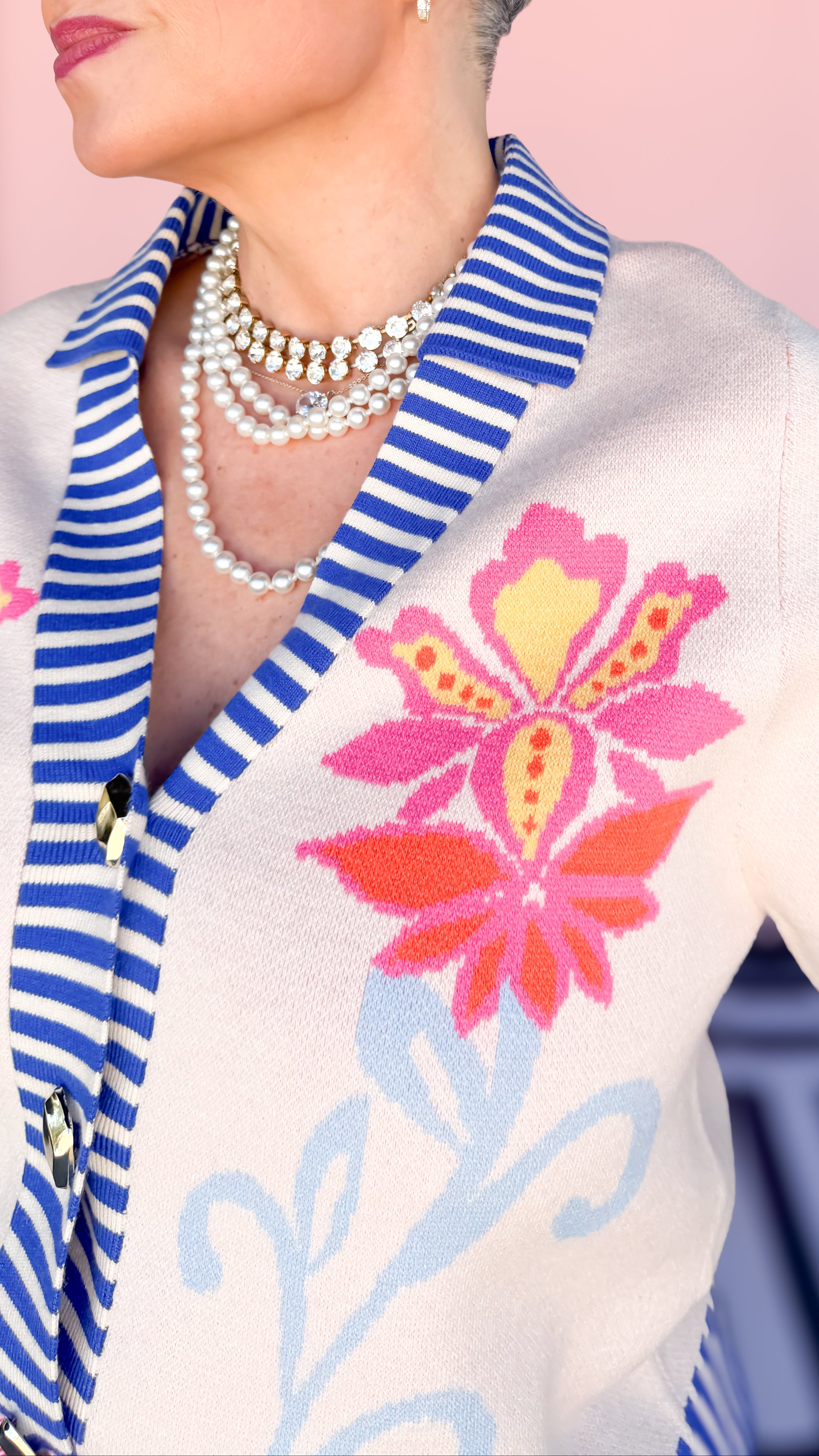 Stripe/Floral Short Sleeve Cardigan/Cream - The BLVD