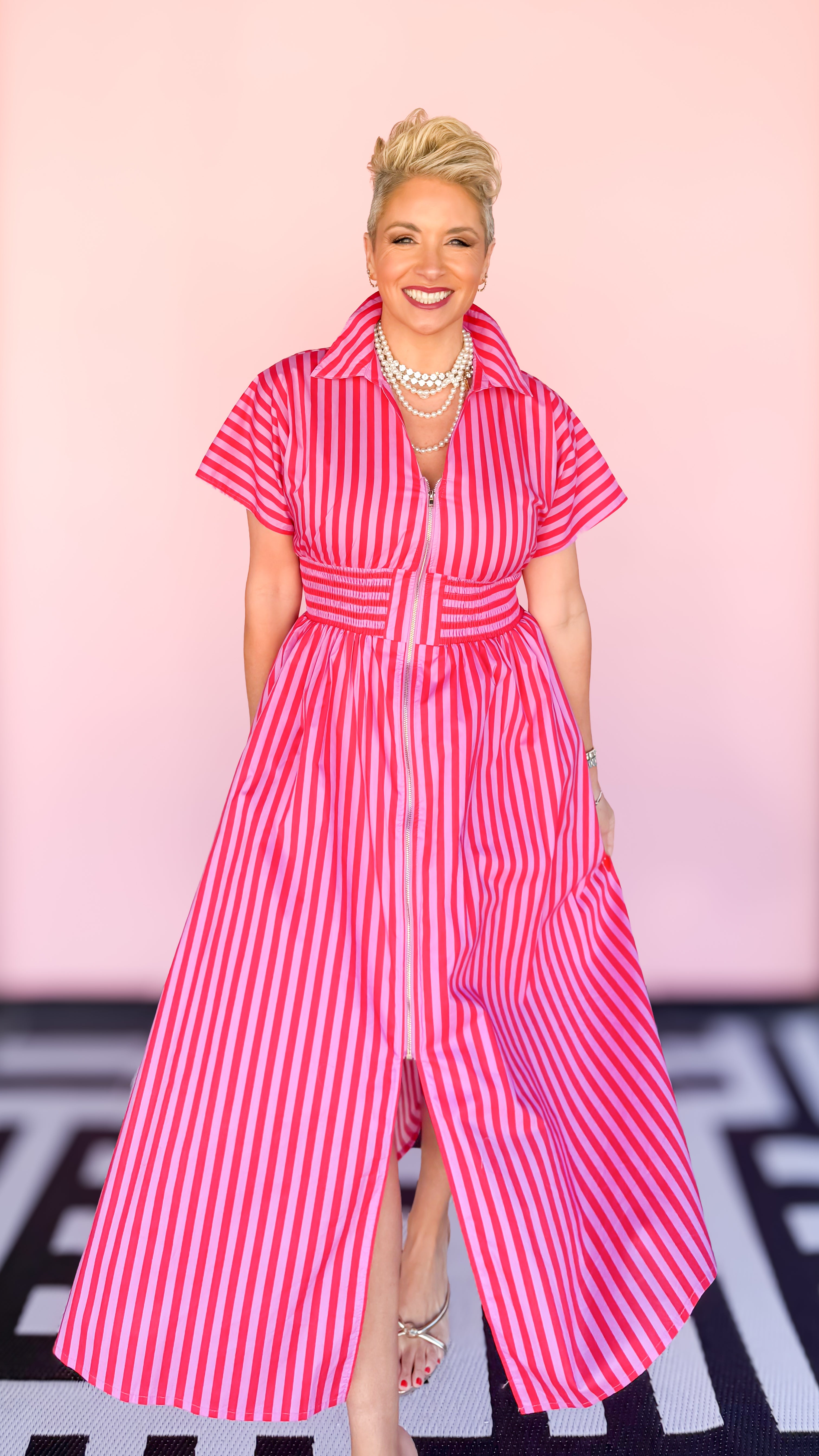 Zip Front Stripe Midi Dress/PINK&RED - The BLVD