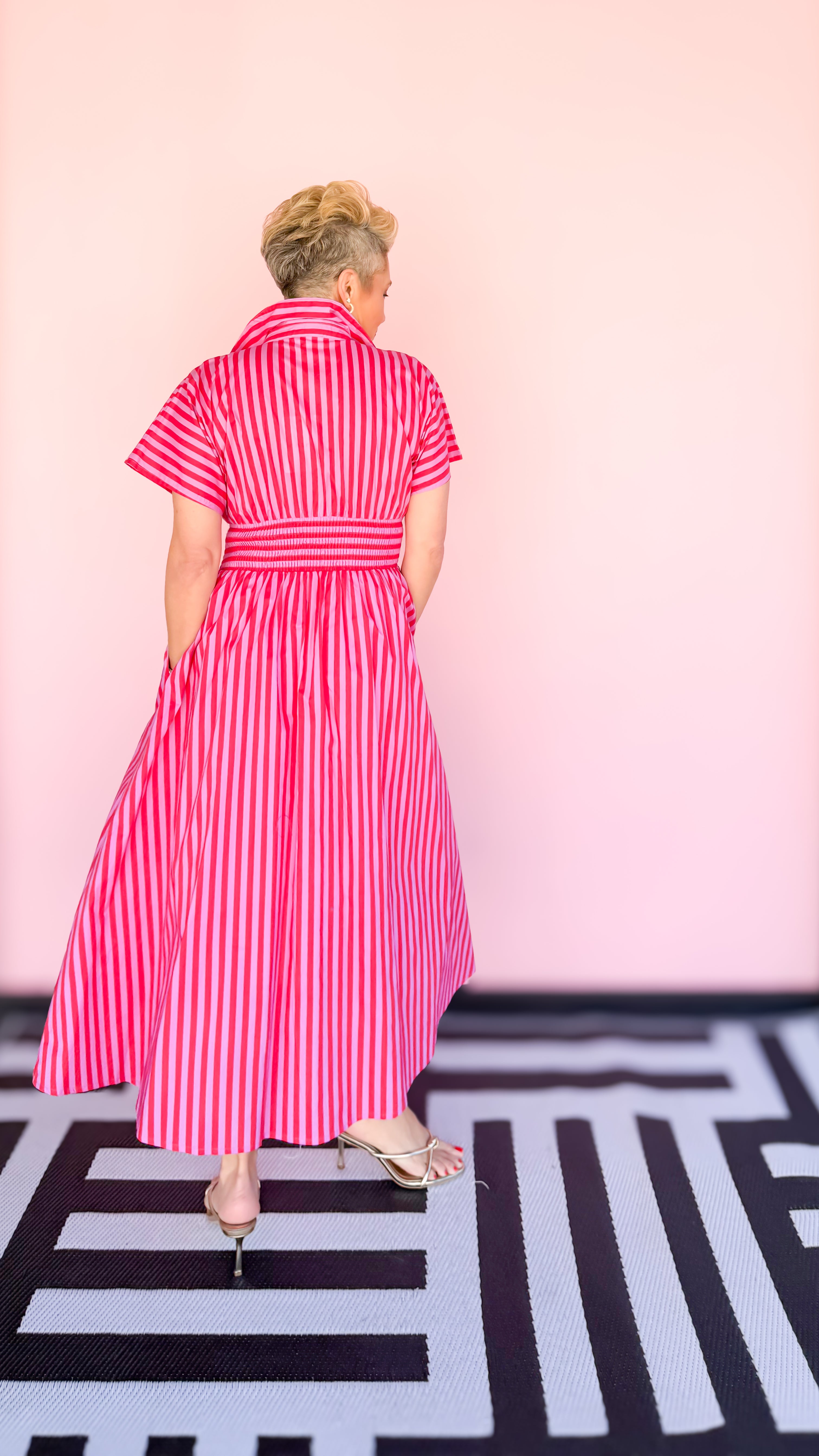Zip Front Stripe Midi Dress/PINK&RED - The BLVD
