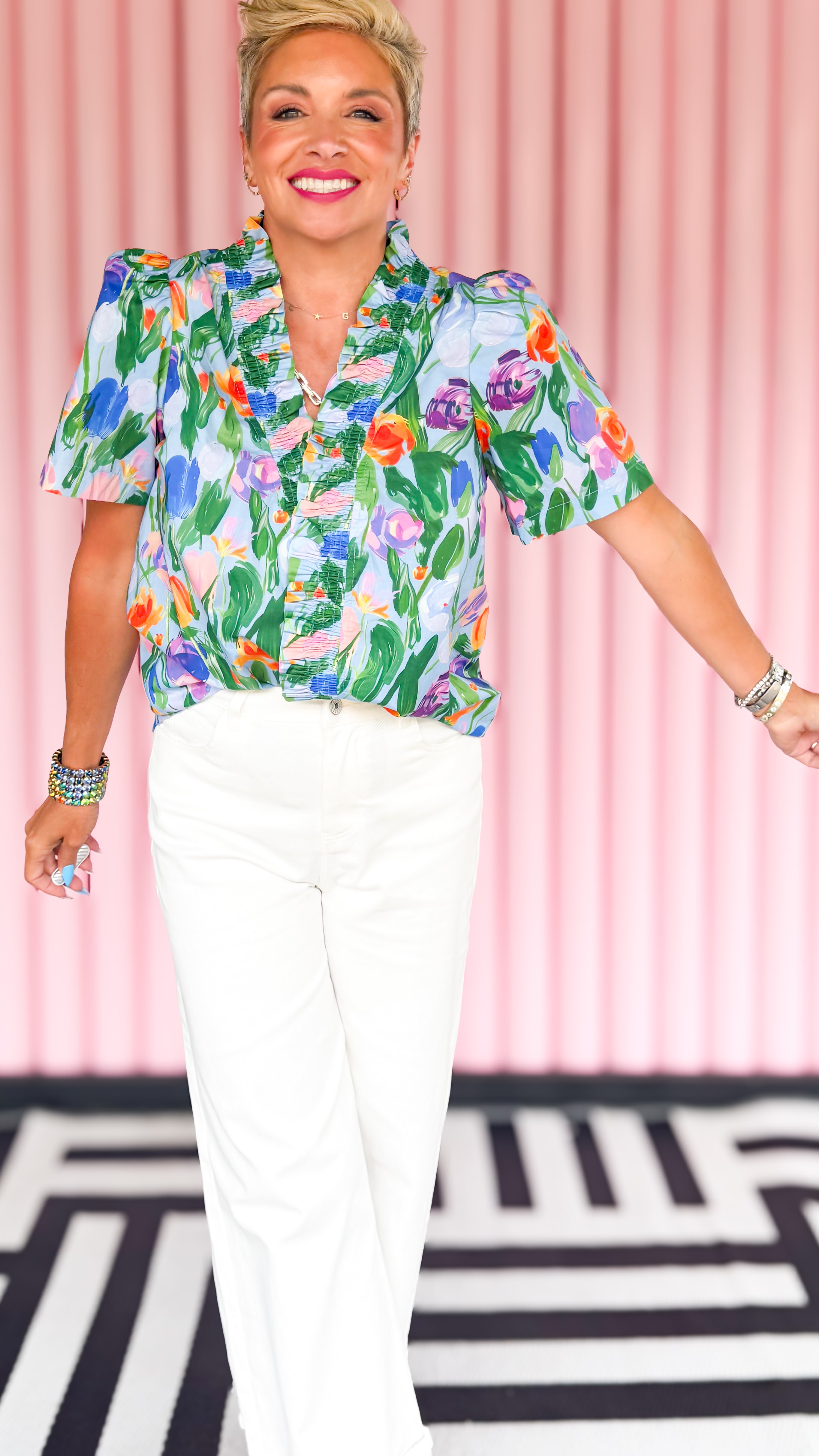 Floral Puff Sleeve Blouse/Blue