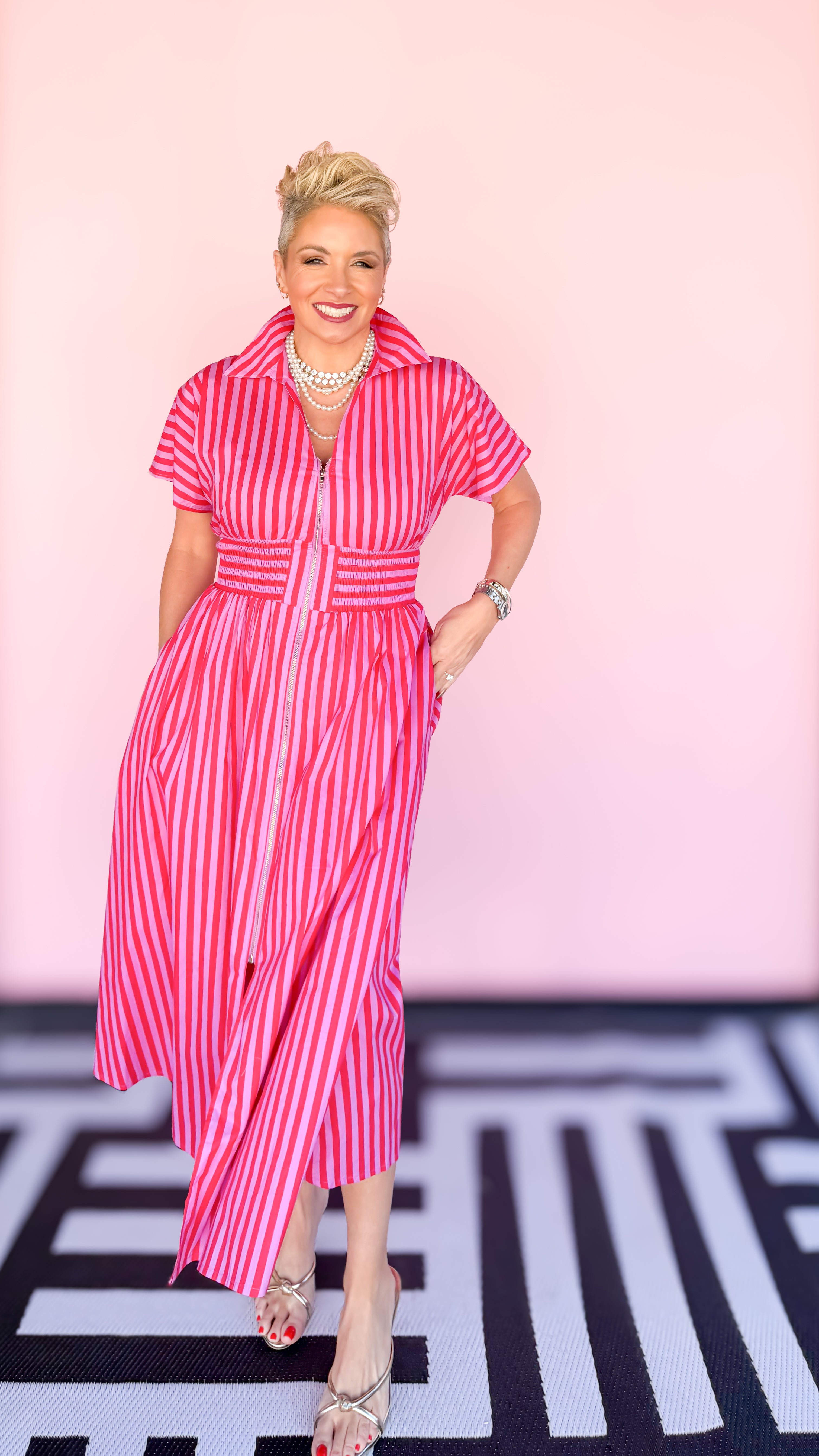 Zip Front Stripe Midi Dress/PINK&RED - The BLVD