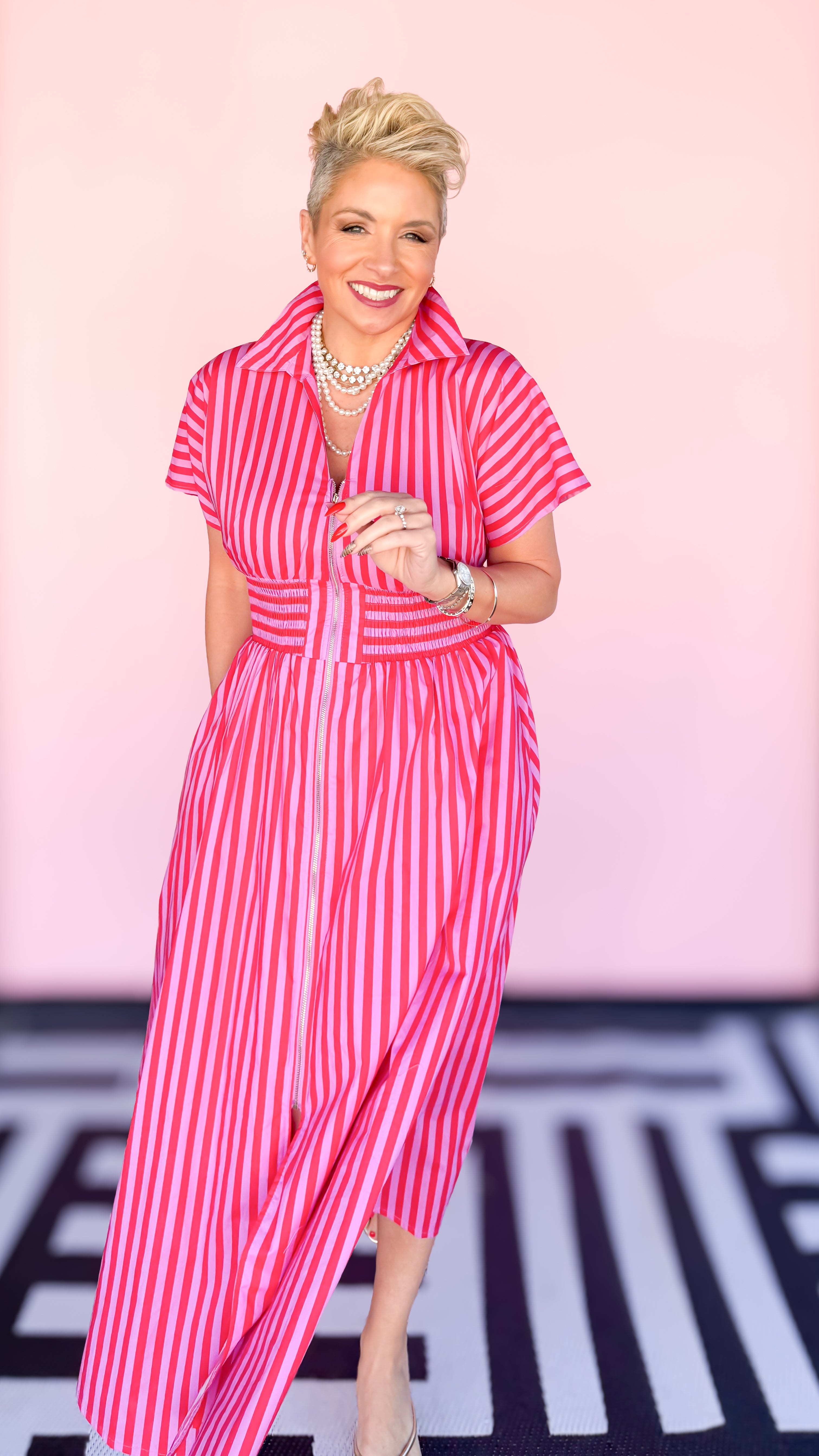 Zip Front Stripe Midi Dress/PINK&RED - The BLVD
