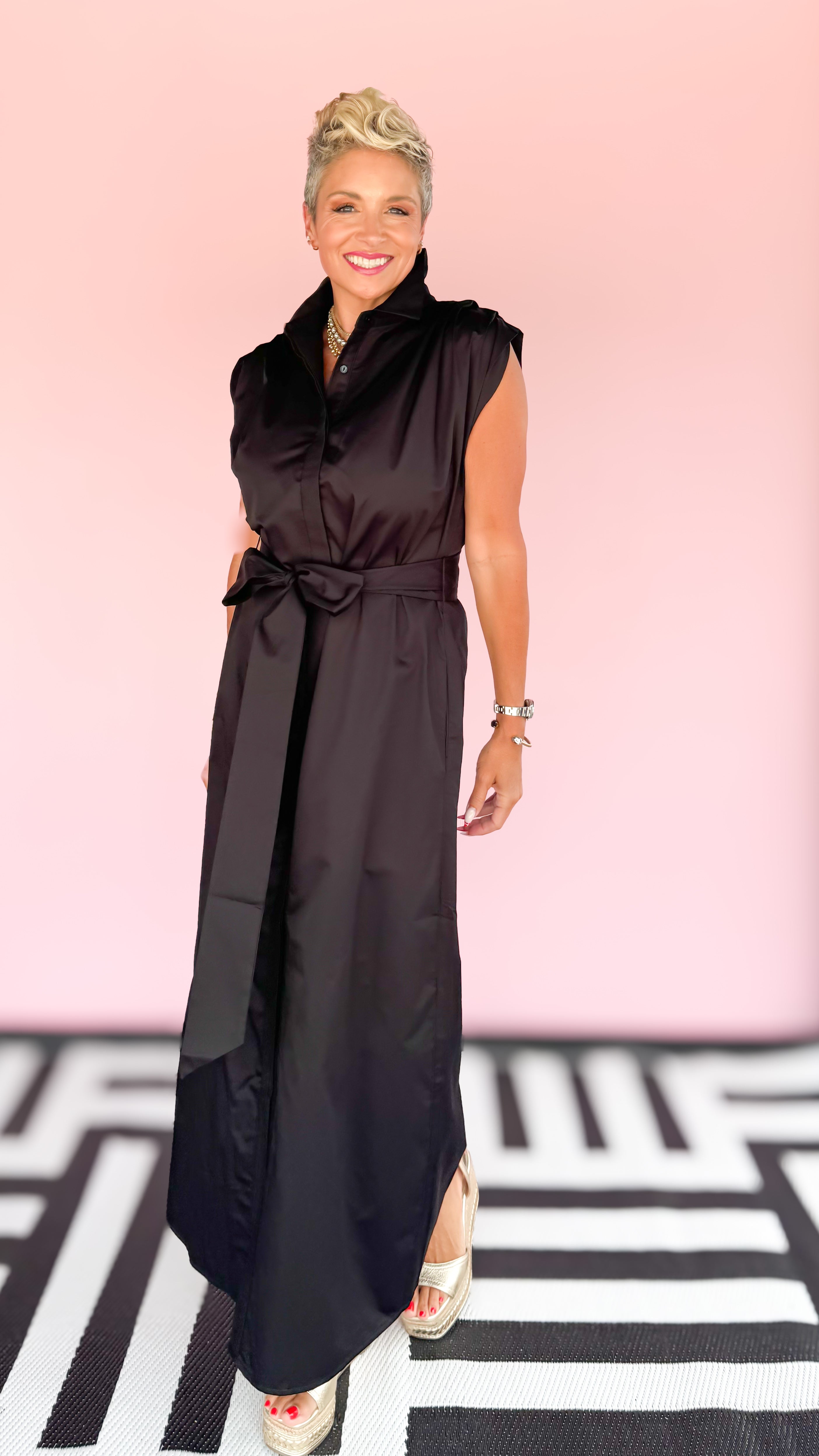 Shoulder Pleated Midi Dress/Black