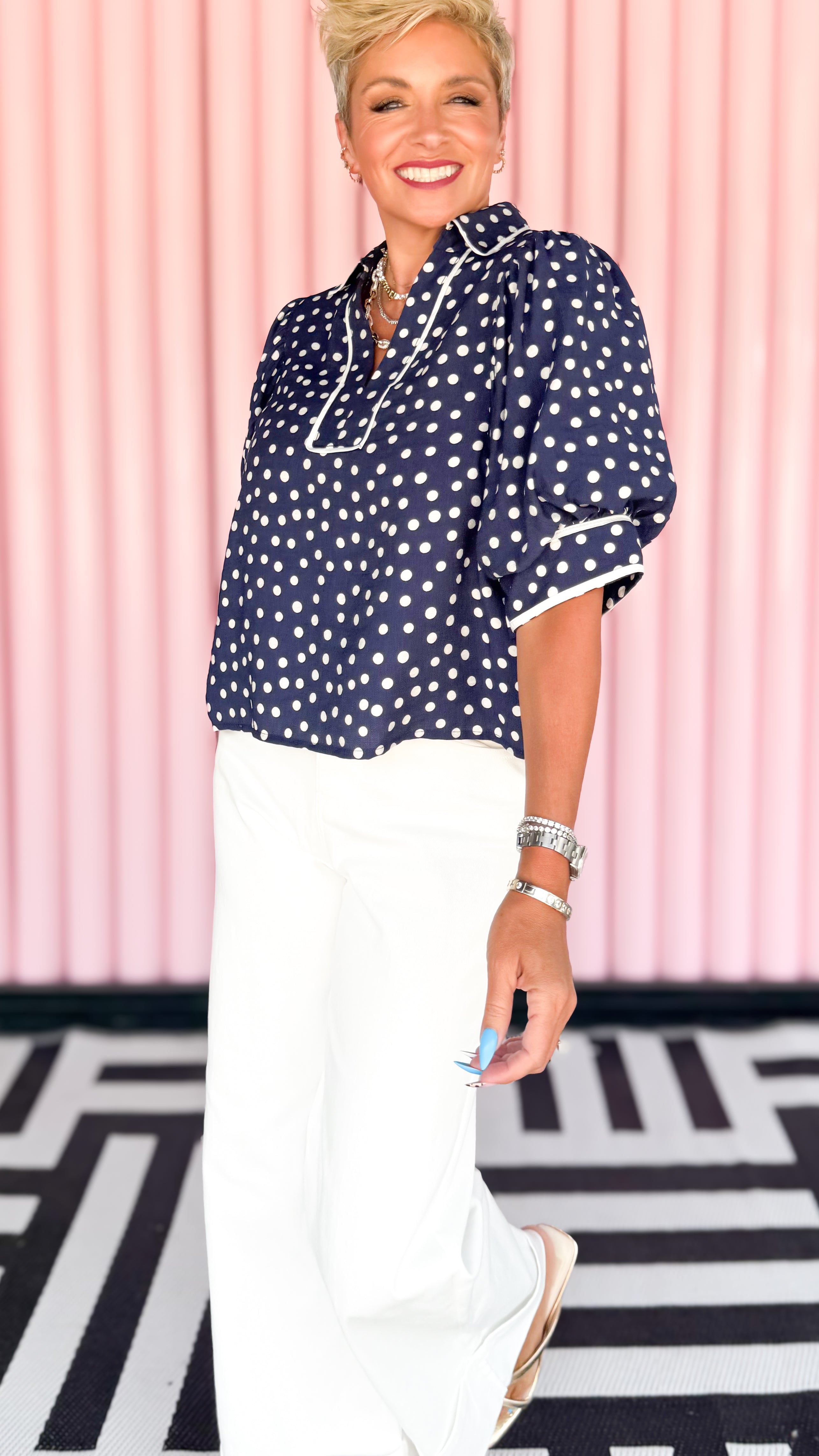 Polka Dot Puff Sleeve Top/Navy
