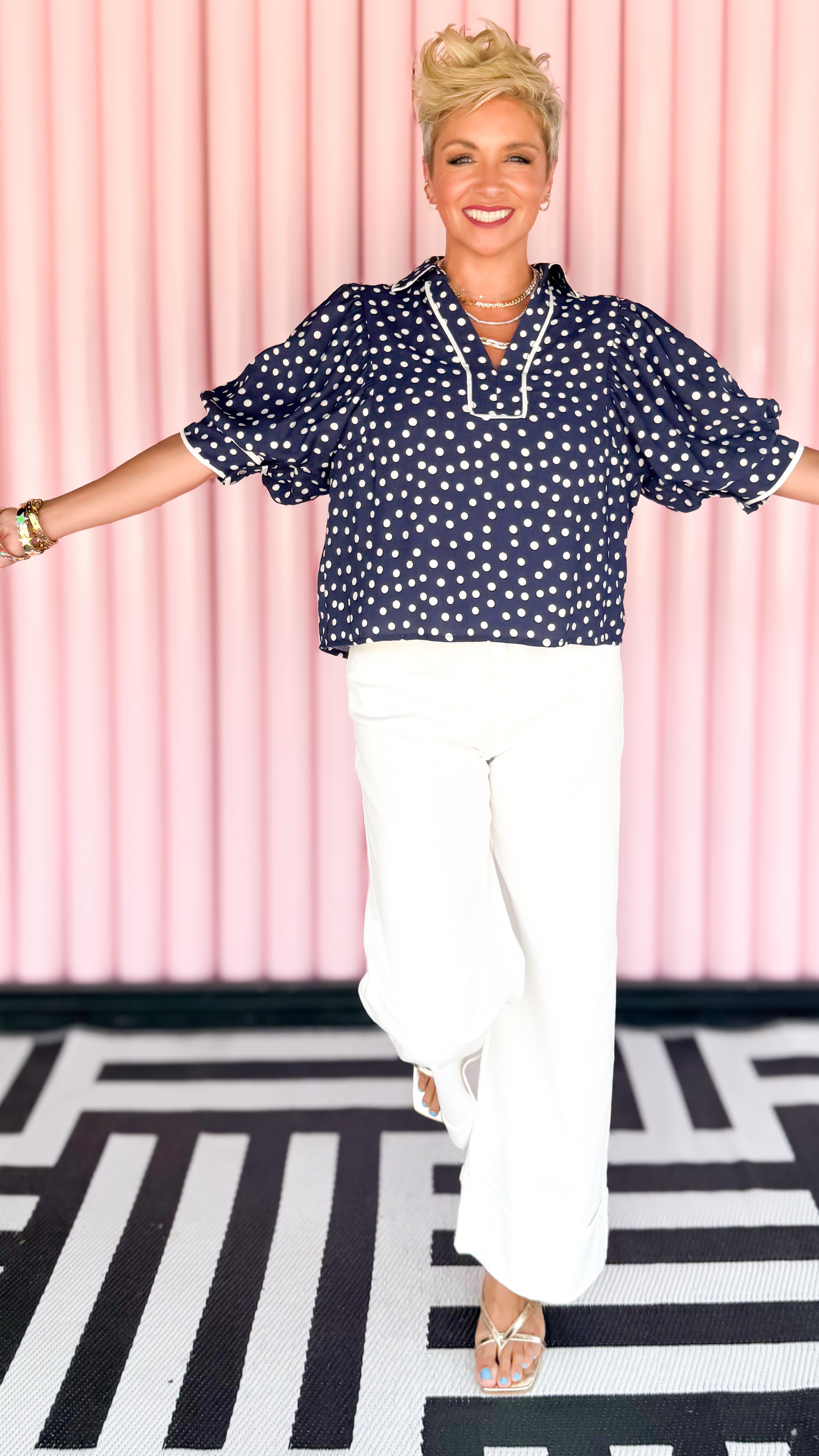 Polka Dot Puff Sleeve Top/Navy