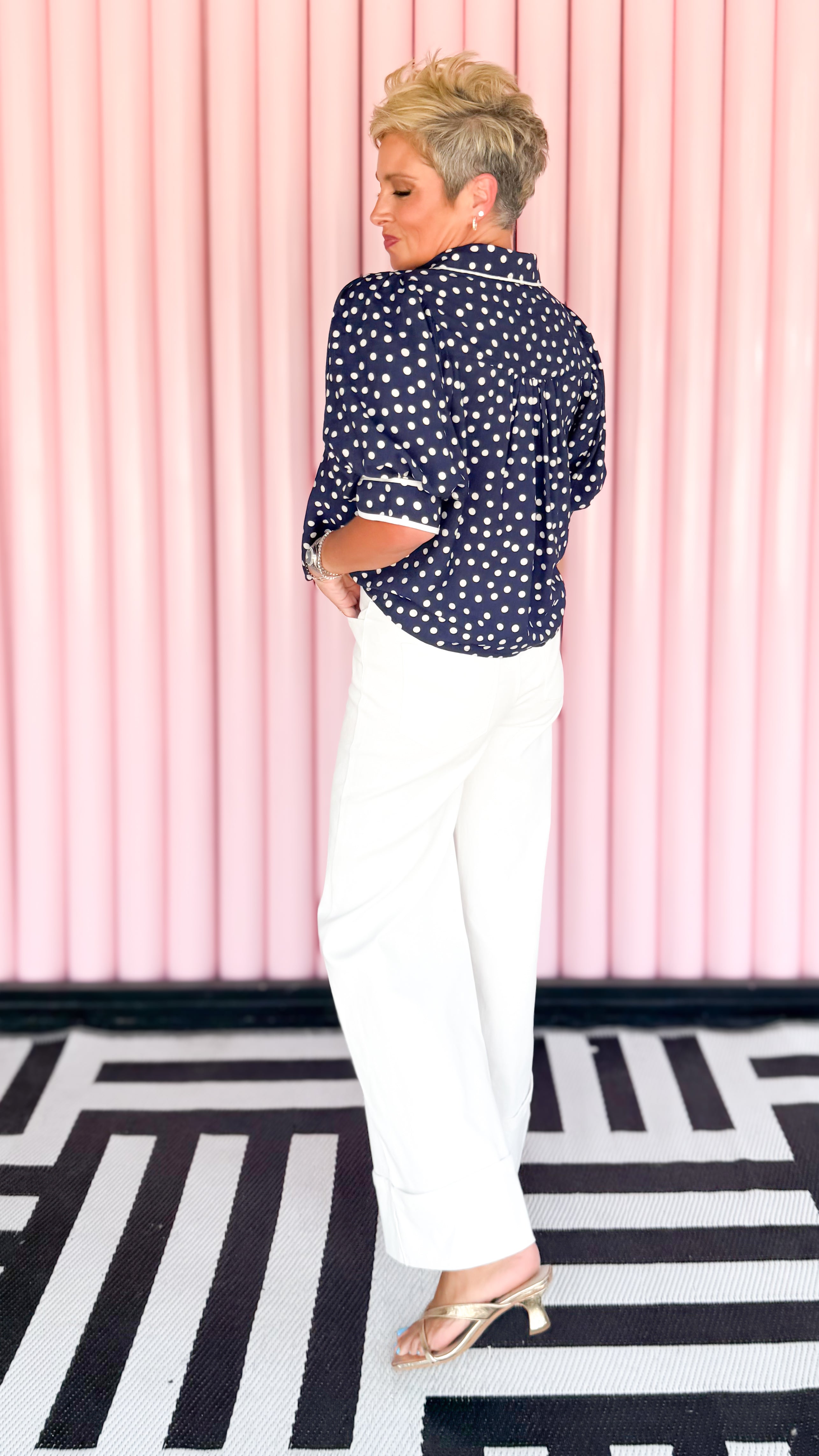 Polka Dot Puff Sleeve Top/Navy