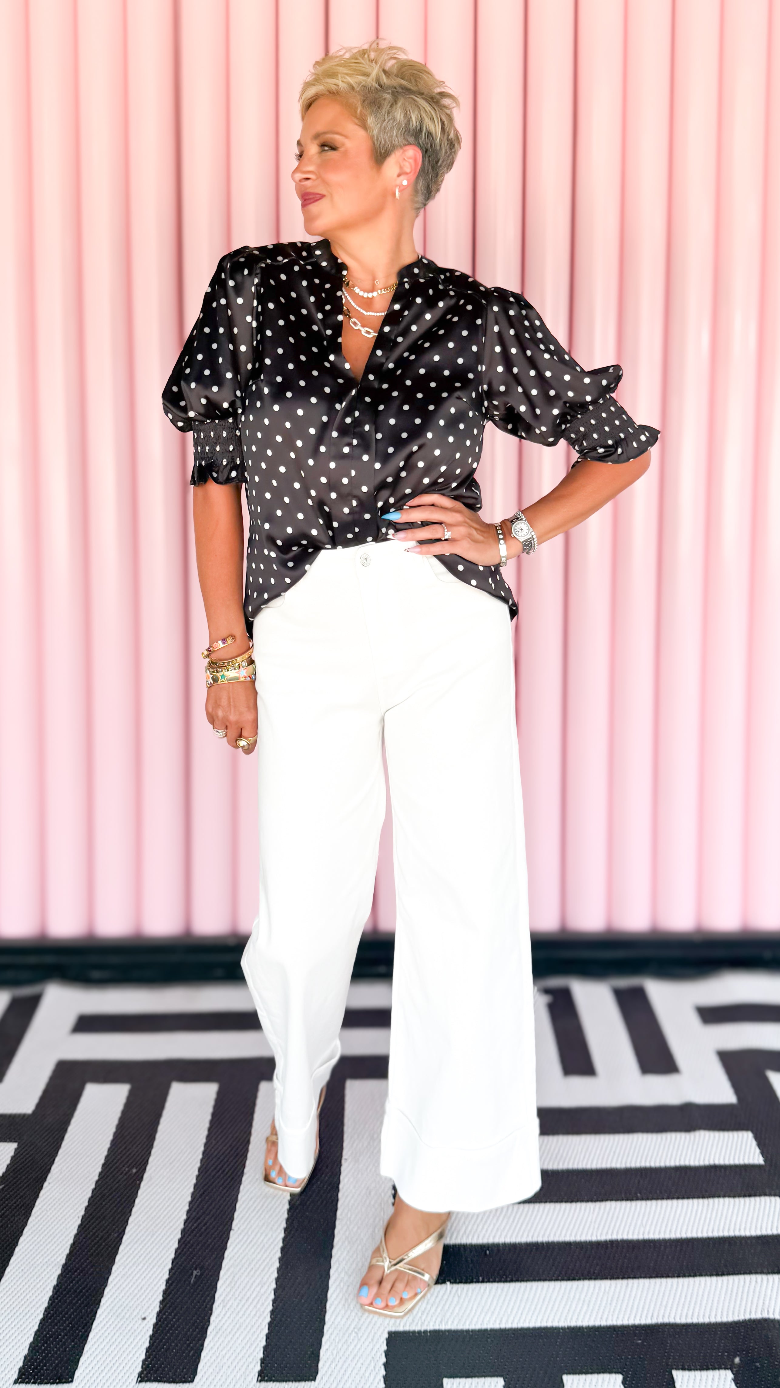 V-Neck Polka Dot Satin Blouse/Black