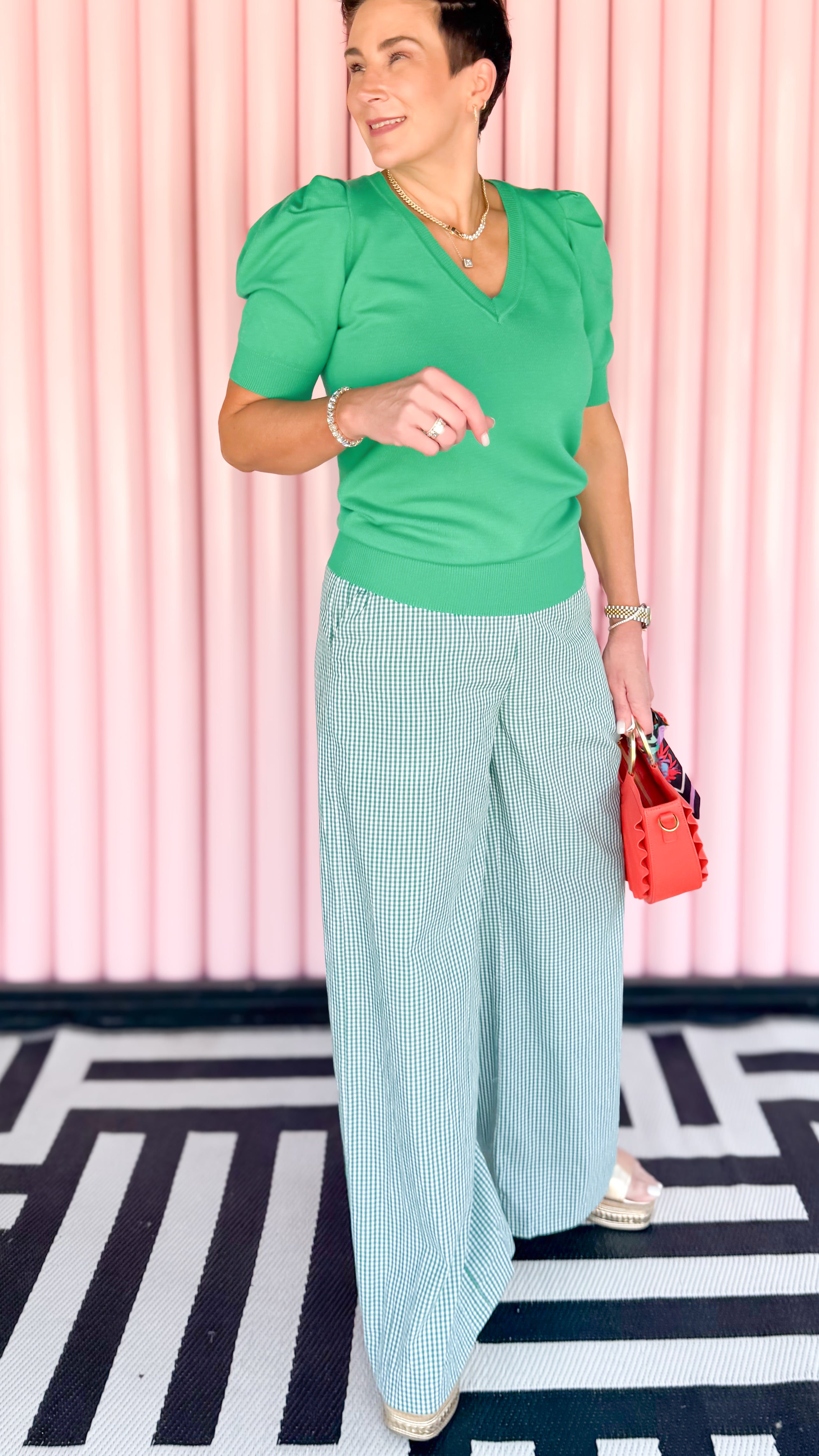 Gingham Wide Leg Pants/Green