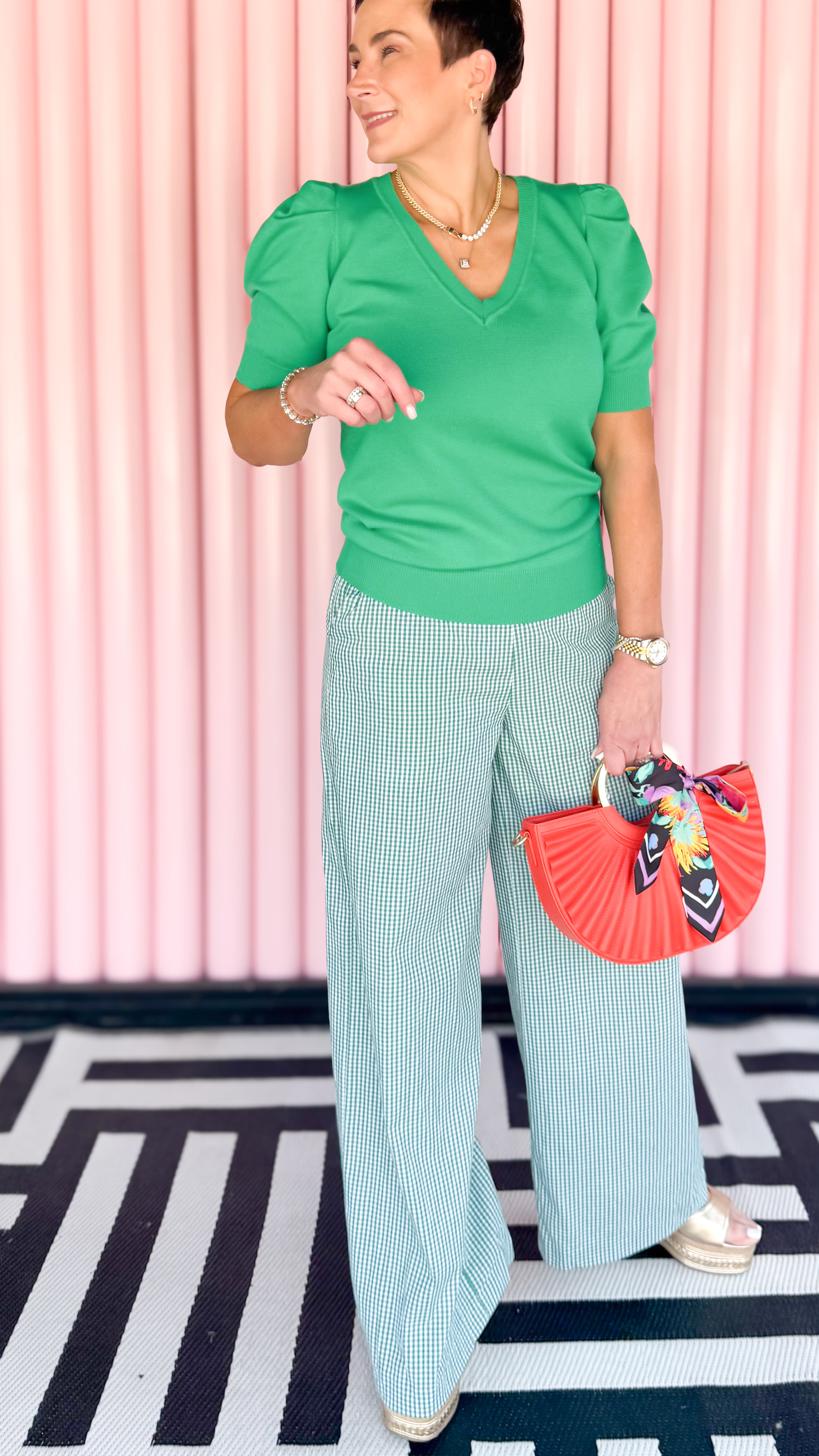 V-Neck Puff Sleeve Knit Sweater/Green