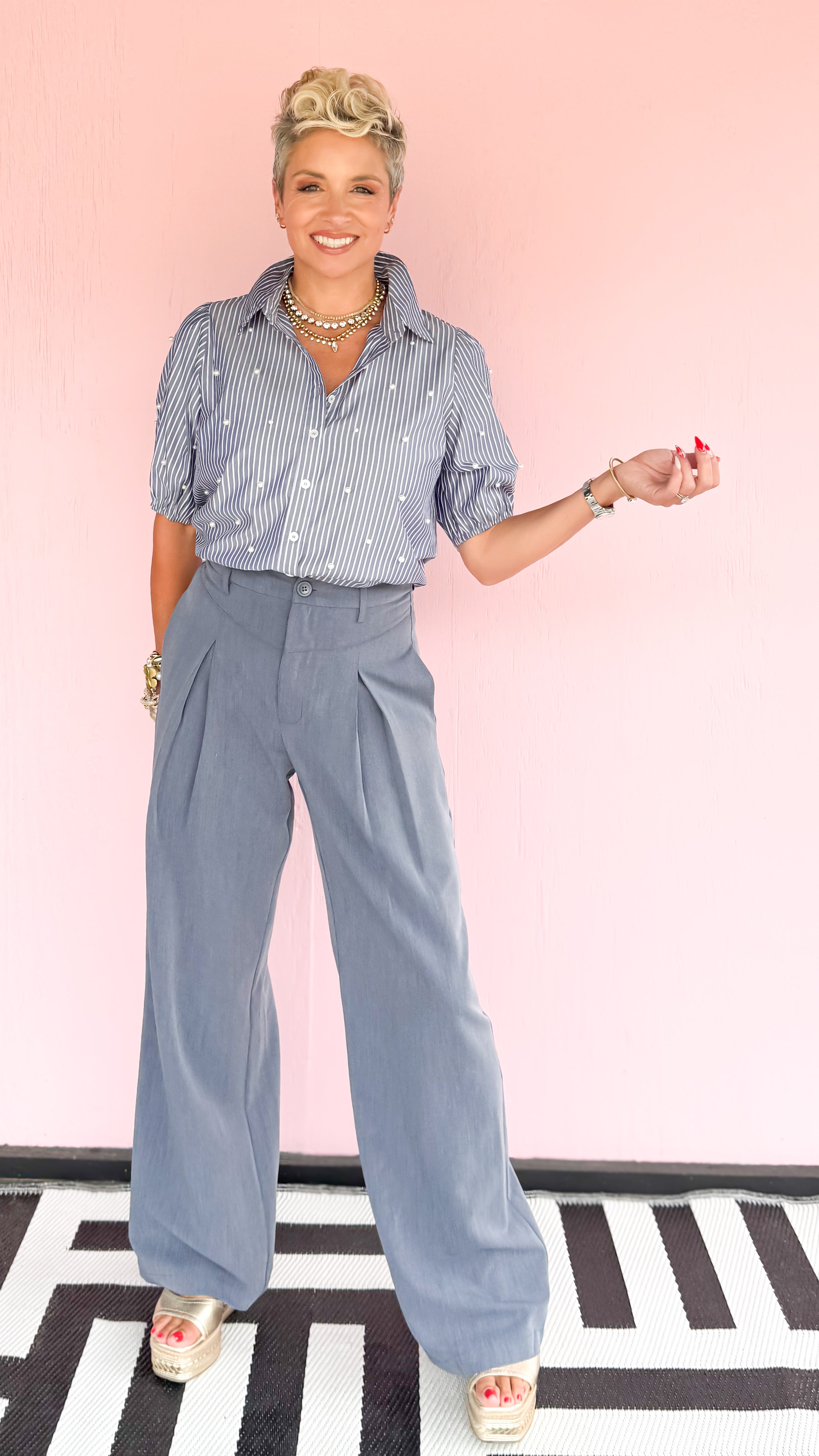 Pleated Front Pant/Light Blue