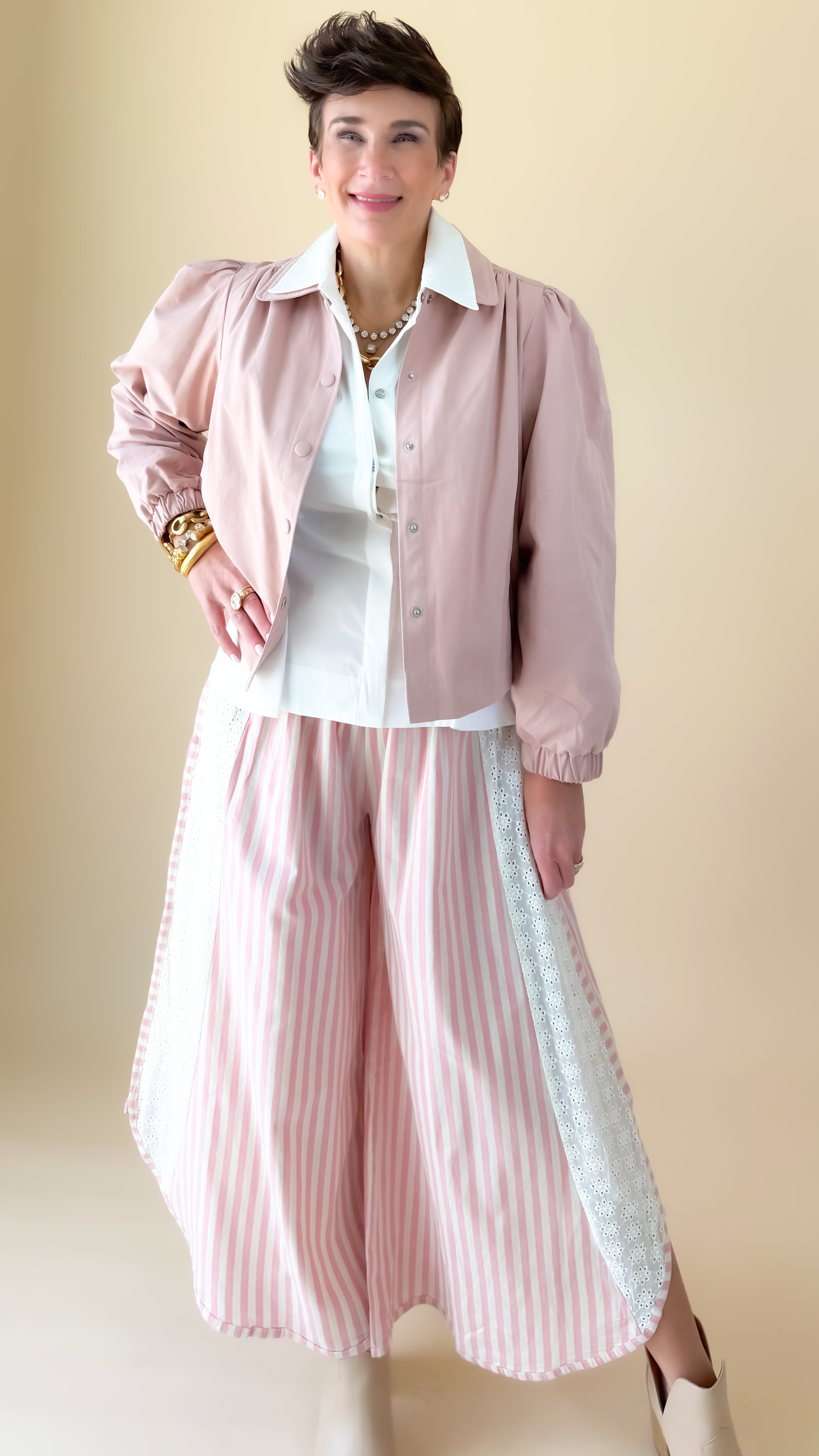 Eyelet Trim Stripe Wide Leg Pants