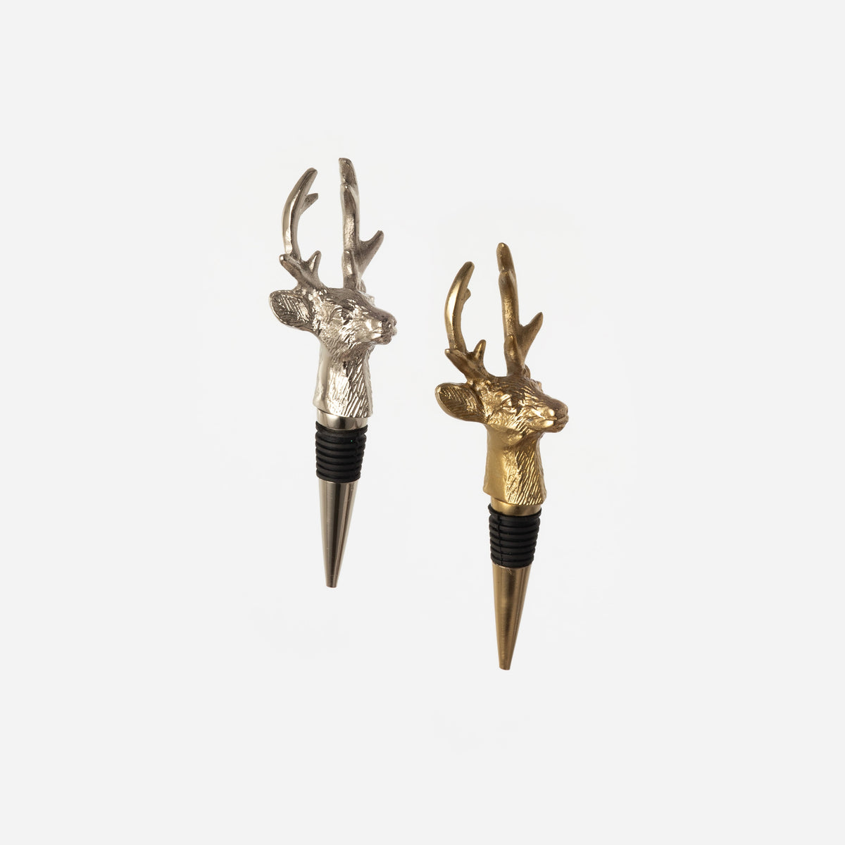 Metal stag head bottle stoppers in gold and silver finishes, full view