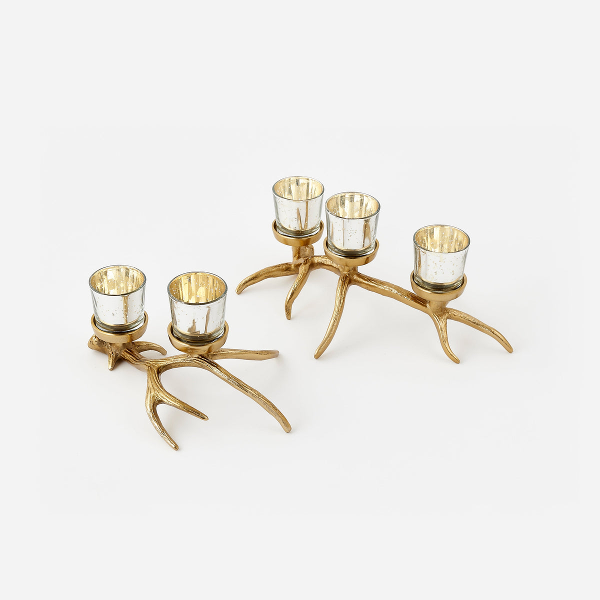 Gold metal antler votive holders with glass cups in two sizes, full view