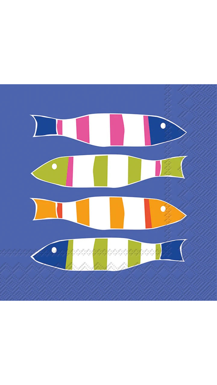 Sardine design cocktail napkins with colorful striped fish on blue, on white