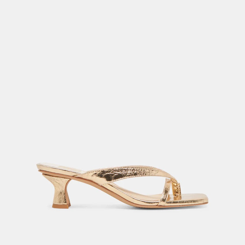 Brevel gold distressed shoe shown on model - side view - BLVD Boutik