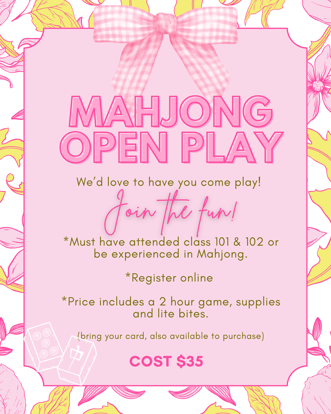 Mahjong Open Play Thursday, July 24th 6-8pm