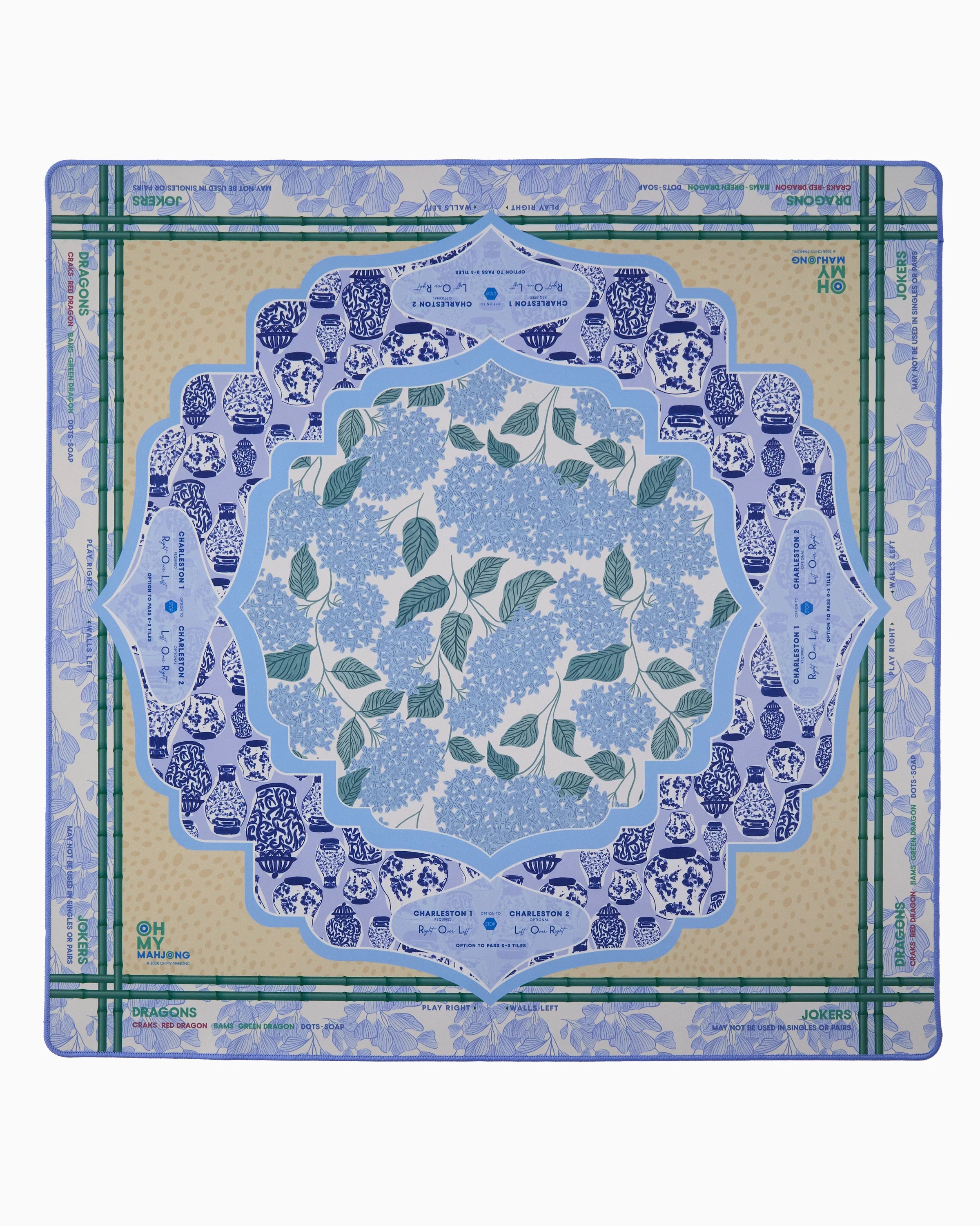 Decorative placemat with blue floral design on a beige background