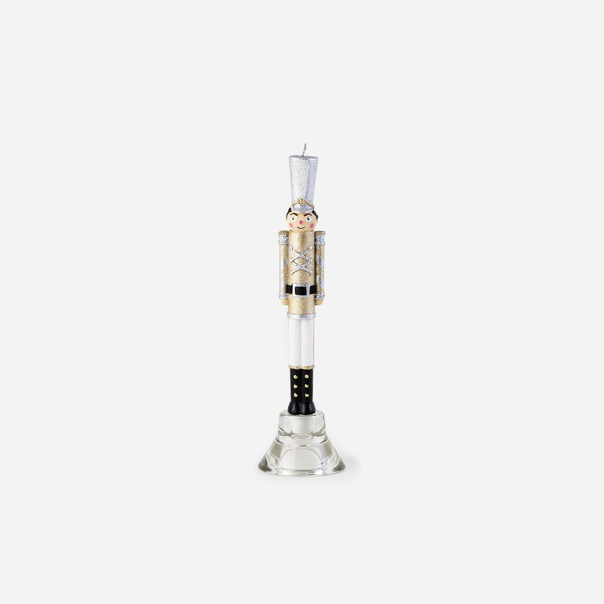 Gold nutcracker-shaped taper candle, about 10 inches tall, full view
