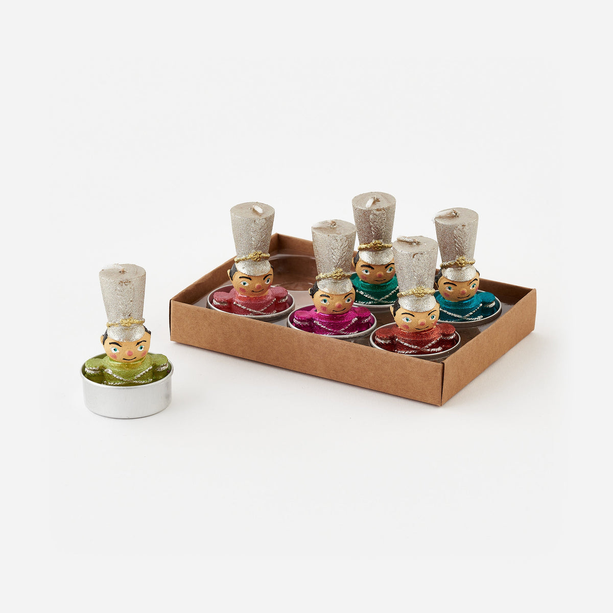 Toy soldier tealight candles in a gift box, set of 6, full view