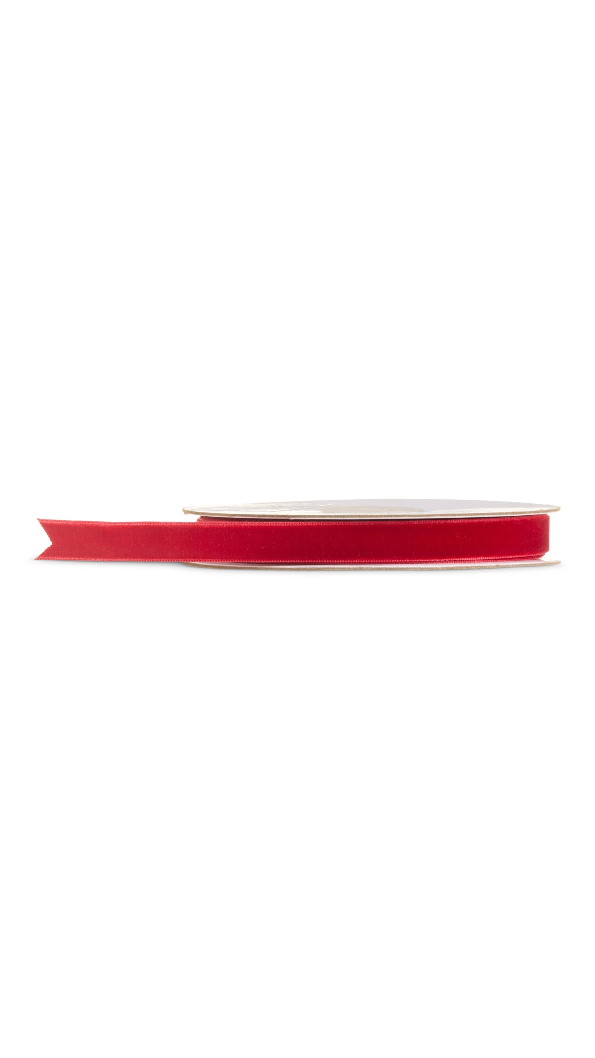 Red velvet ribbon, half inch by 10 yards, full view on white