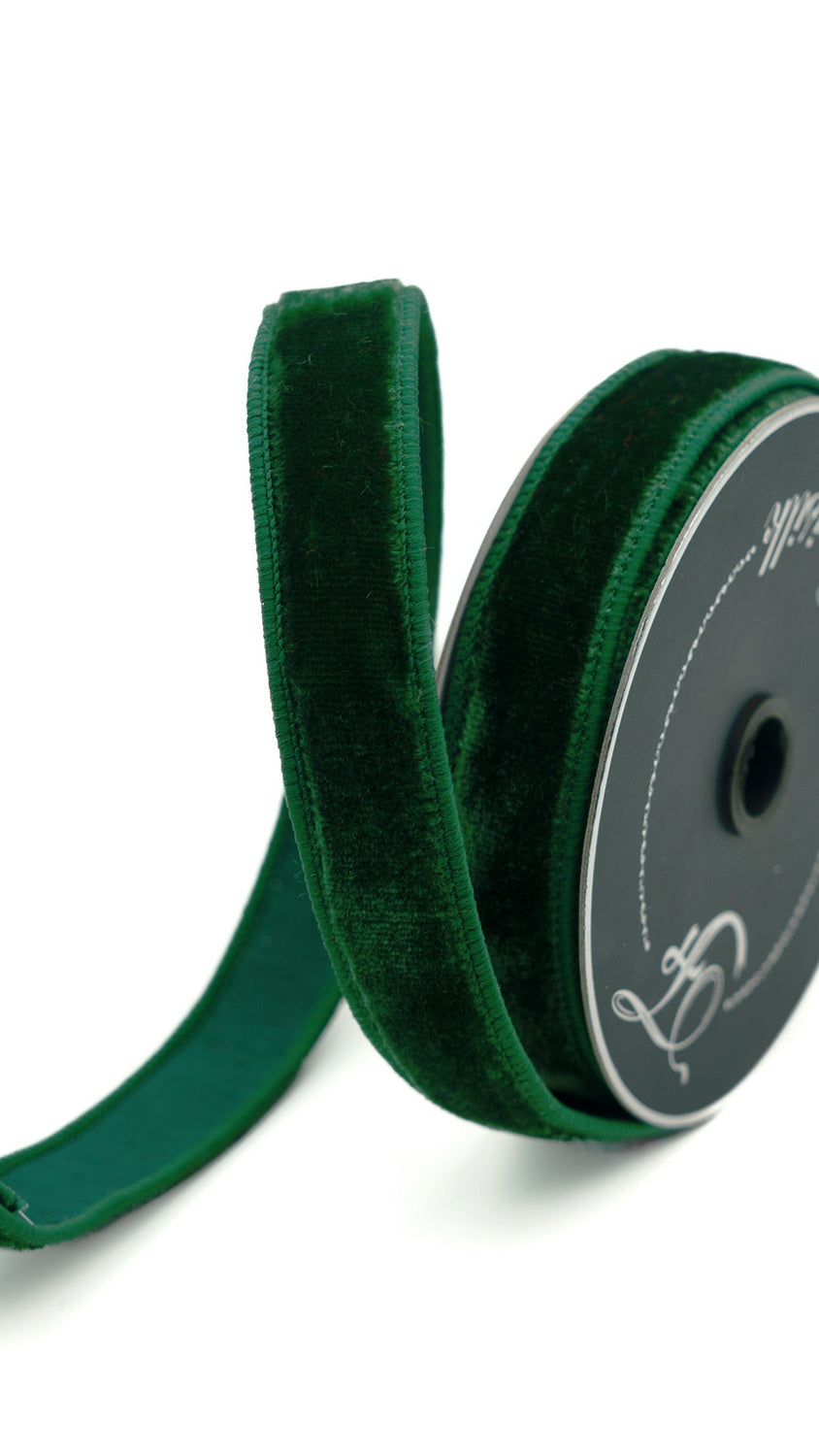 Farrisilk velvet ribbon in dark pine, .75 in x 10 yd, wired edge, front view, 9x16