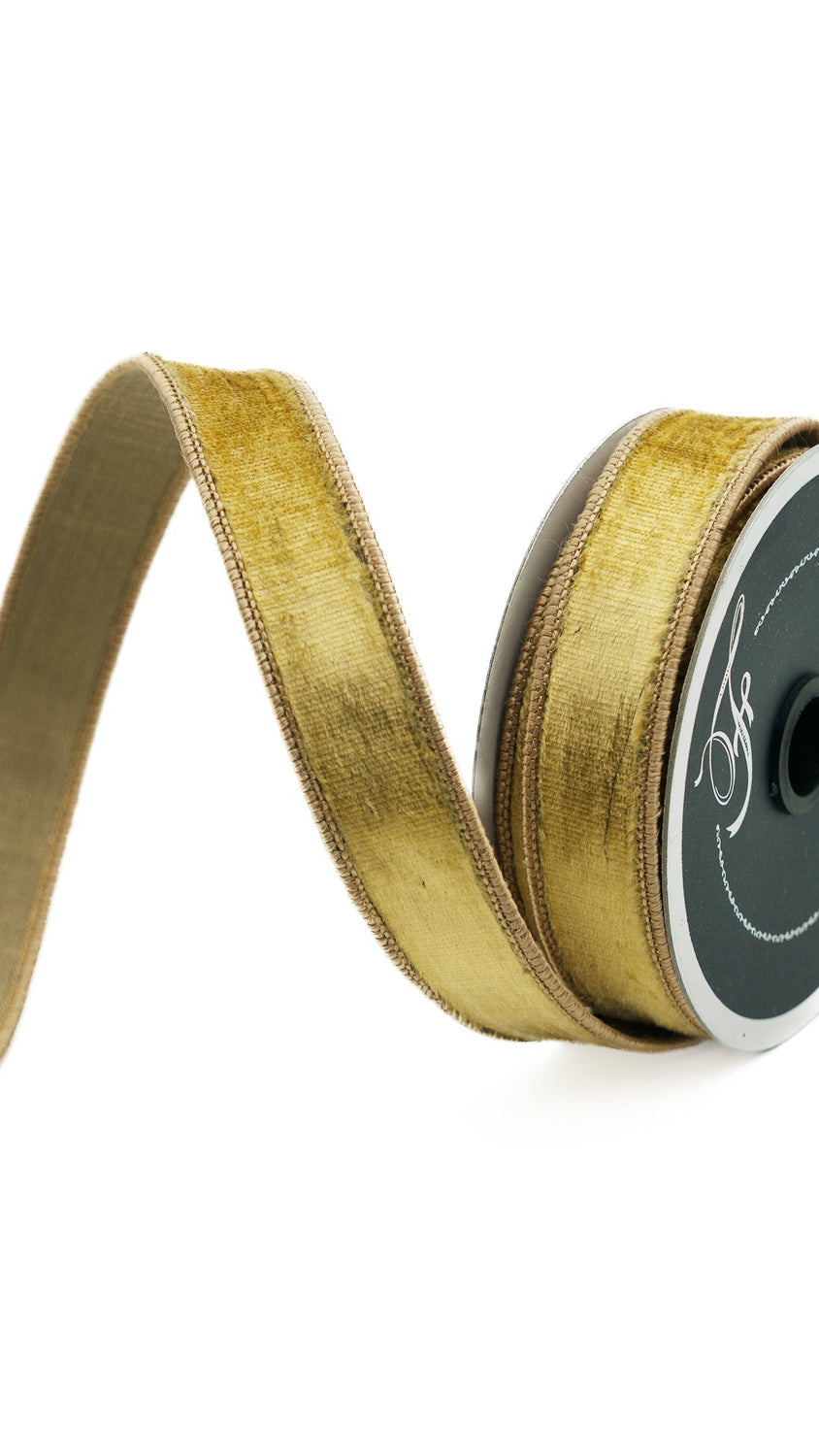 Farrisilk velvet ribbon in gold, .75 in x 10 yd, wired edge, front view, 9x16