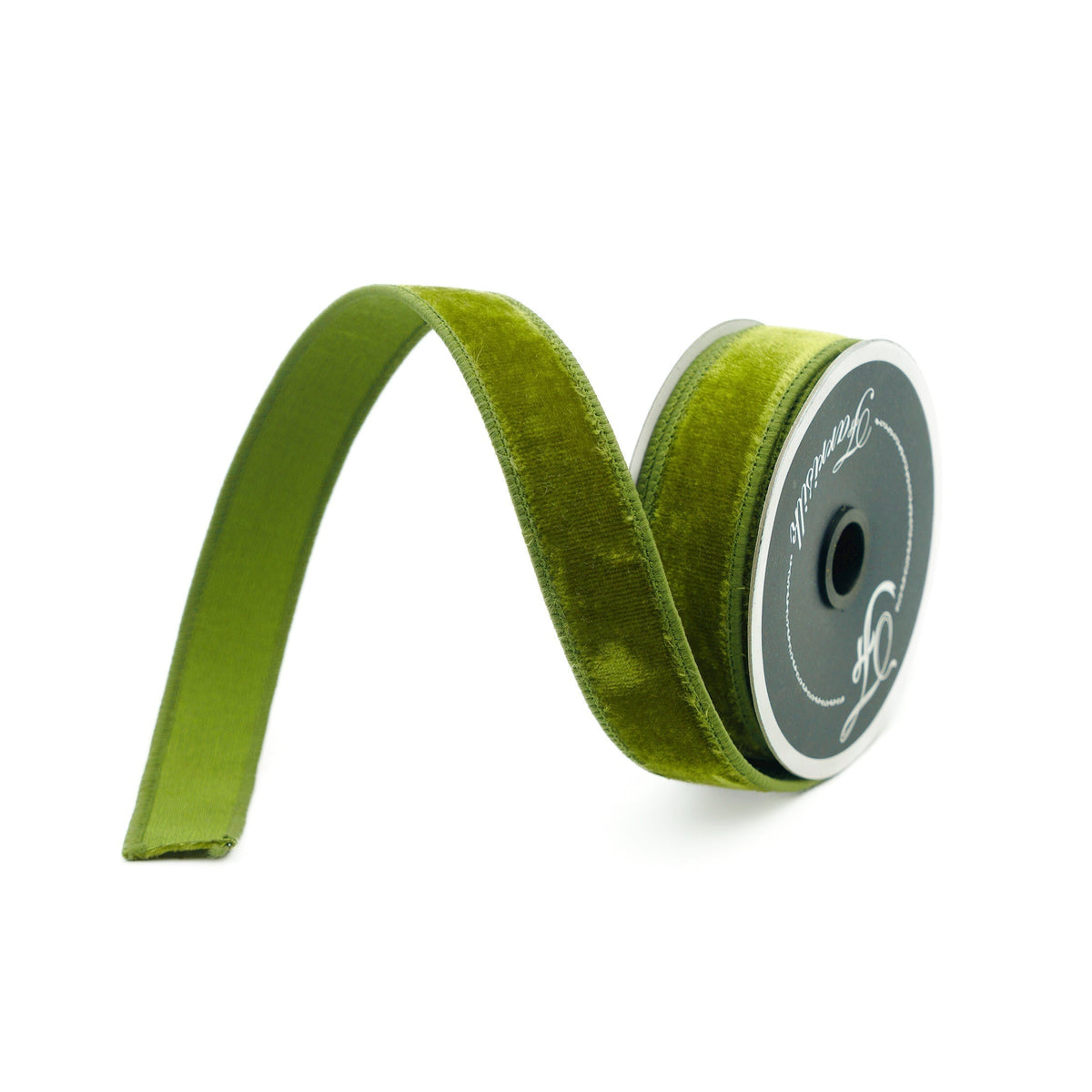Farrisilk velvet ribbon in lime, .75 in x 10 yd, wired edge, front view