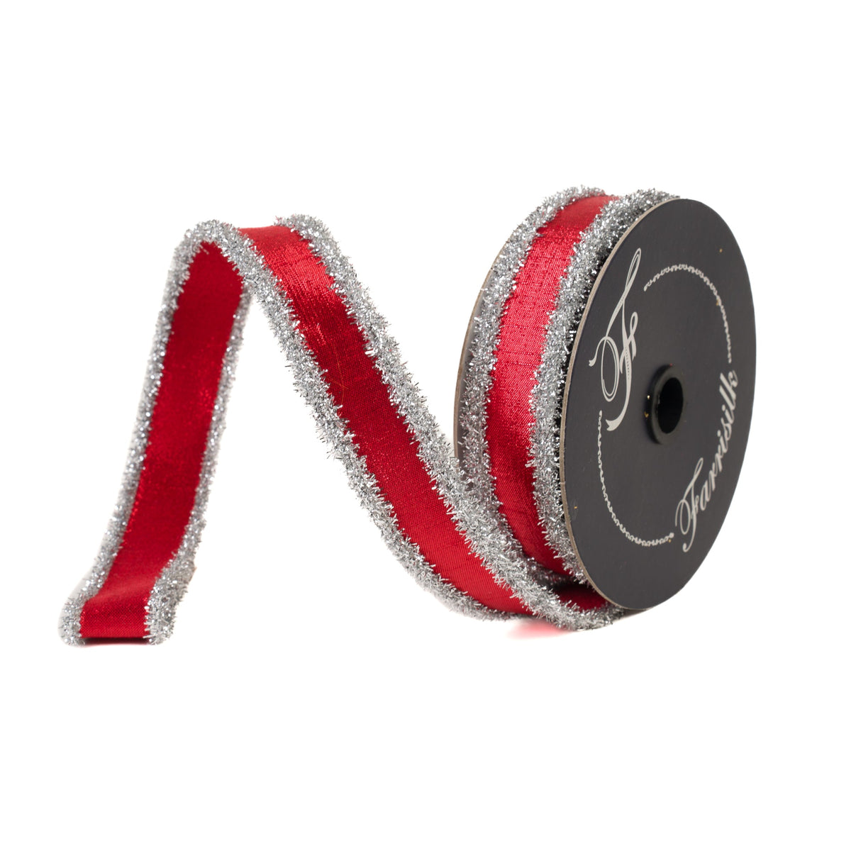 Farrisilk tinsel borders ribbon in silver & red, 1 in x 10 yd, wired edge, front view
