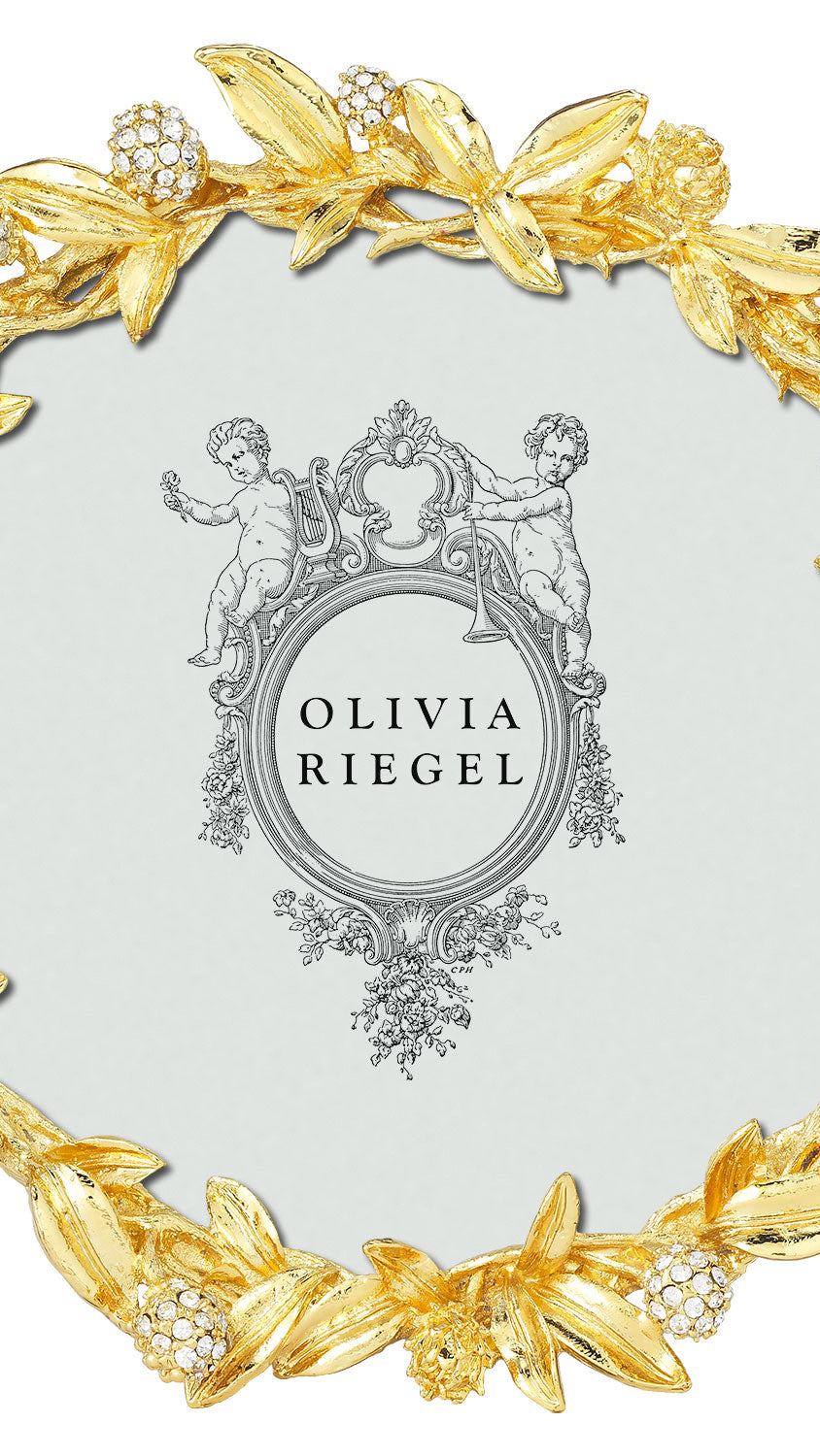 Olivia Riegel Cornelia 4.5 inch Round Picture Frame in Gold pavé crystal leaf pewter, front view