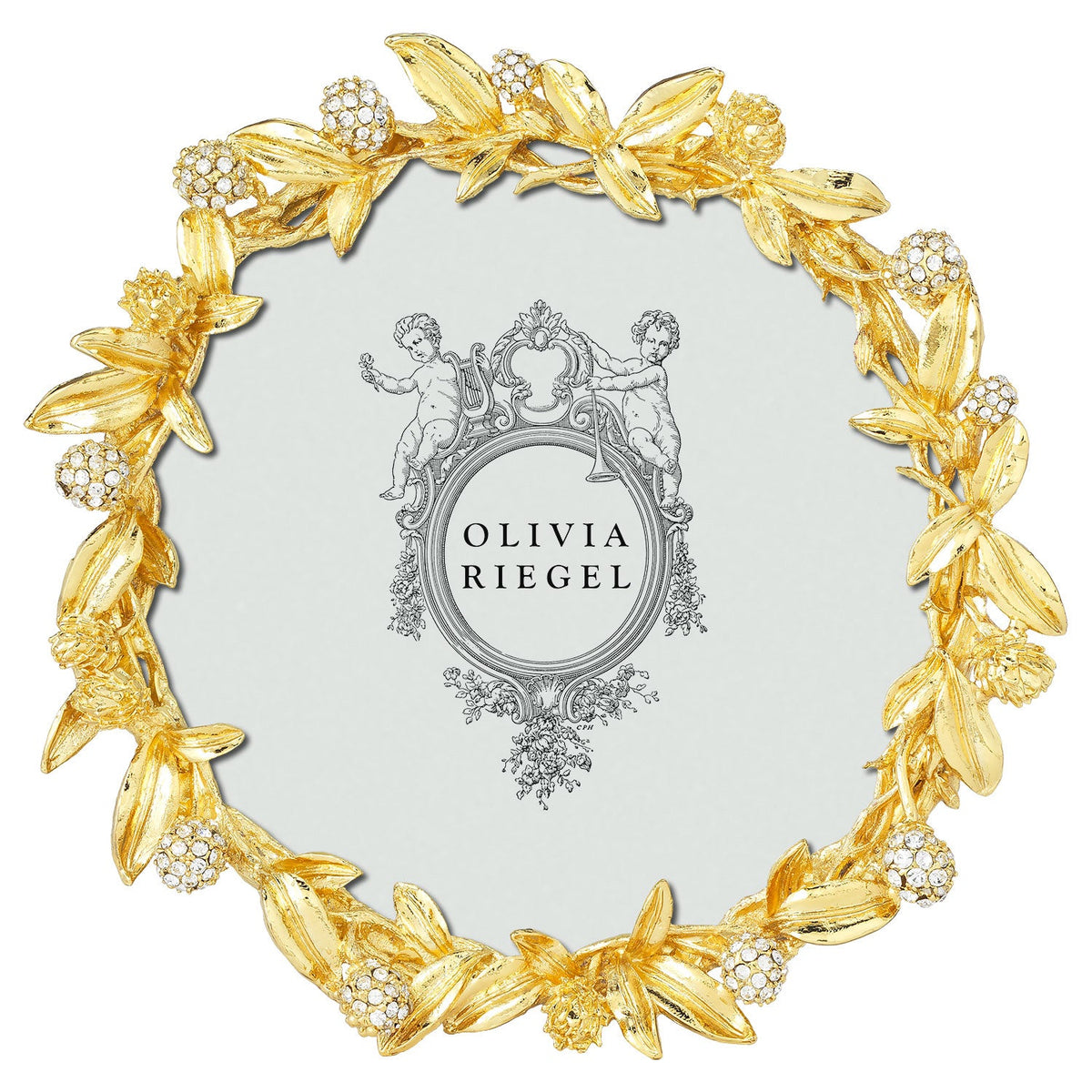 Olivia Riegel Cornelia 4.5 inch Round Picture Frame in Gold pavé crystal leaf pewter, front view