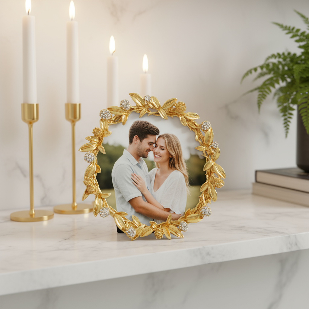 Olivia Riegel Cornelia 4.5 inch Round Picture Frame in Gold pavé crystal leaf pewter, lifestyle view