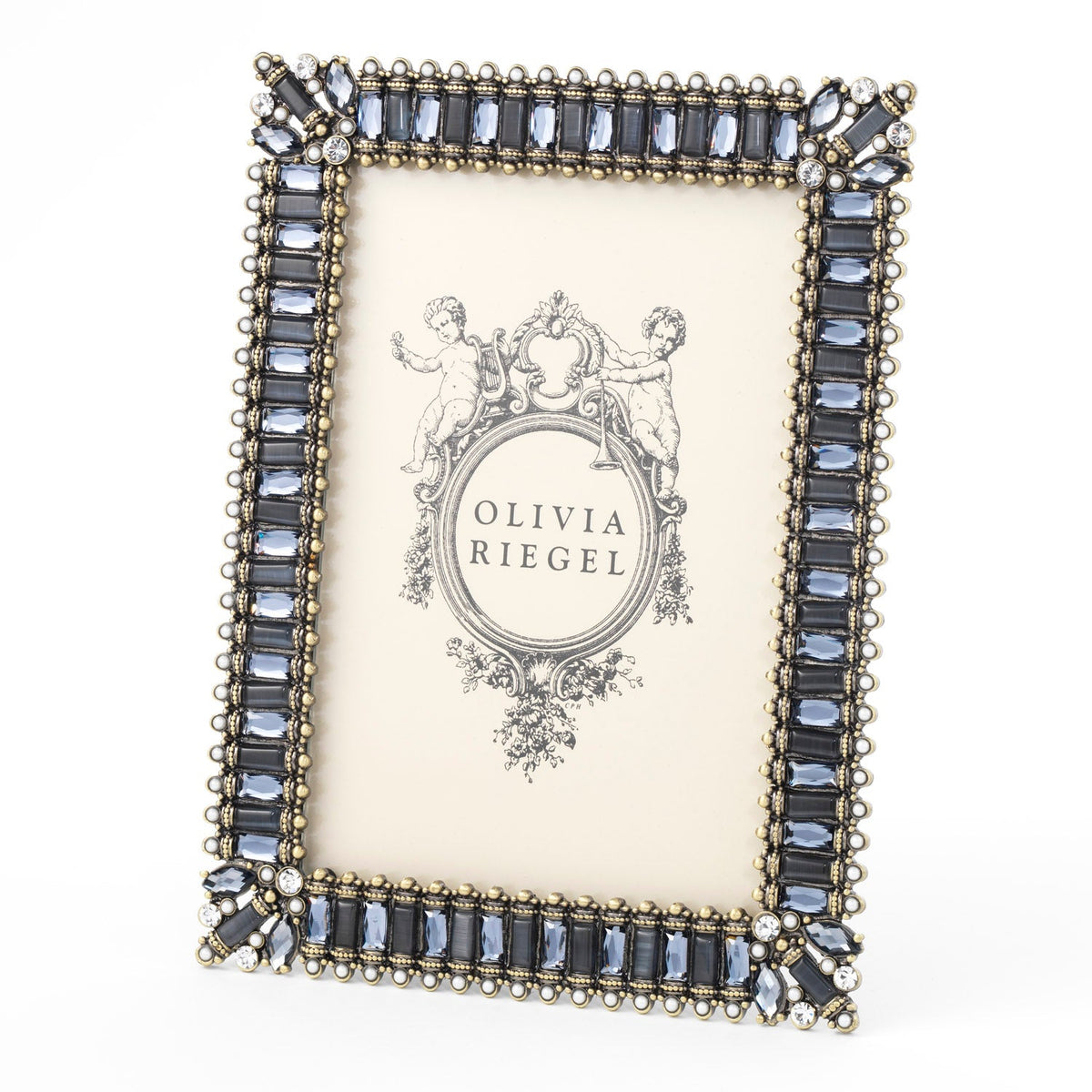 Olivia Riegel Copenhagen 4x6 Picture Frame in bronze finish with crystals, glass gems and faux pearls, angled view