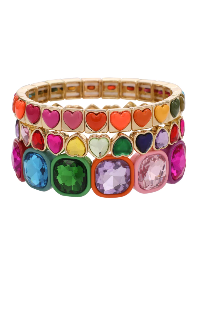 Rainbow Heart & Jewel Candy Stacked Bracelet Set - The BLVD
