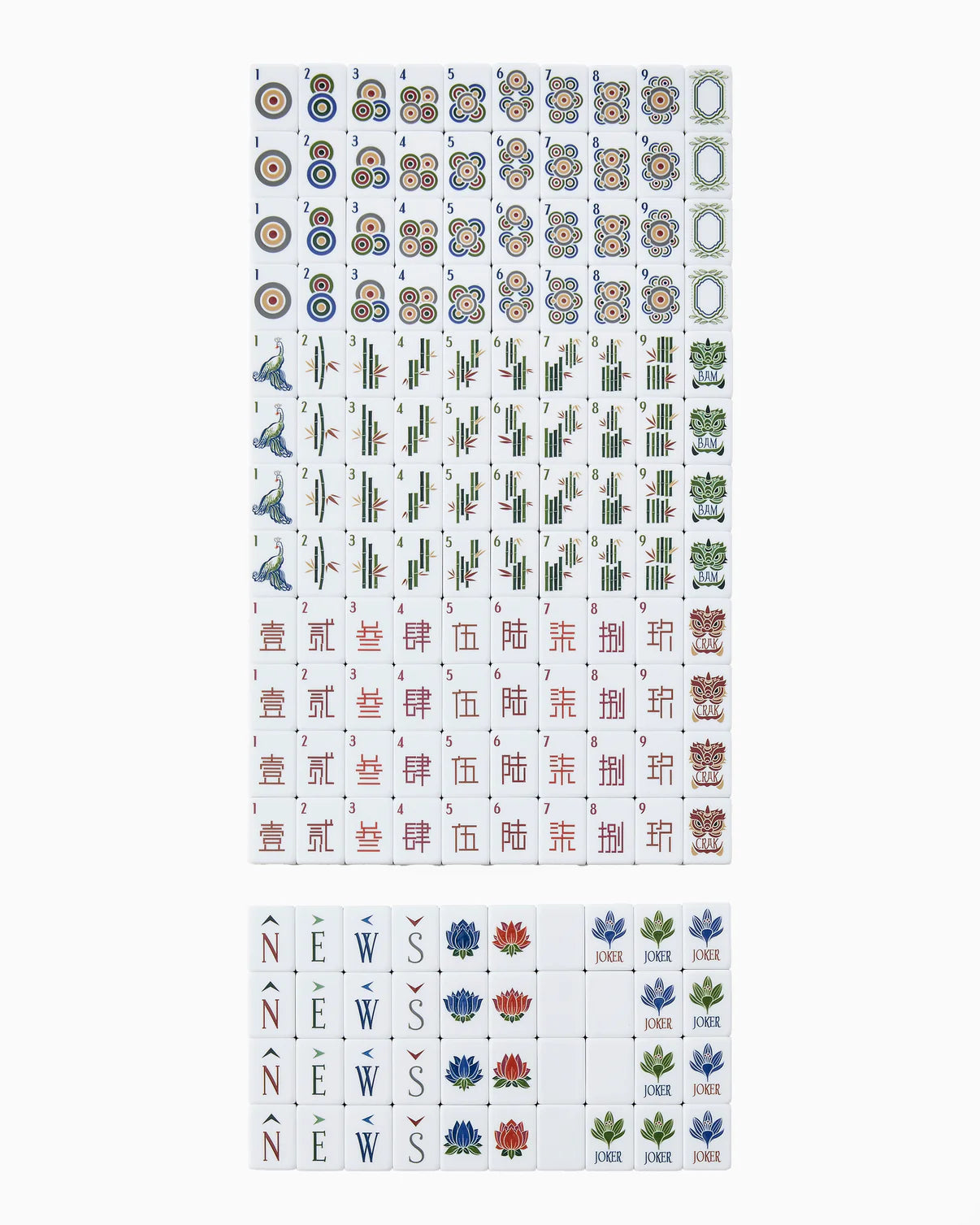 Set of Mahjong tiles with various symbols on a white background