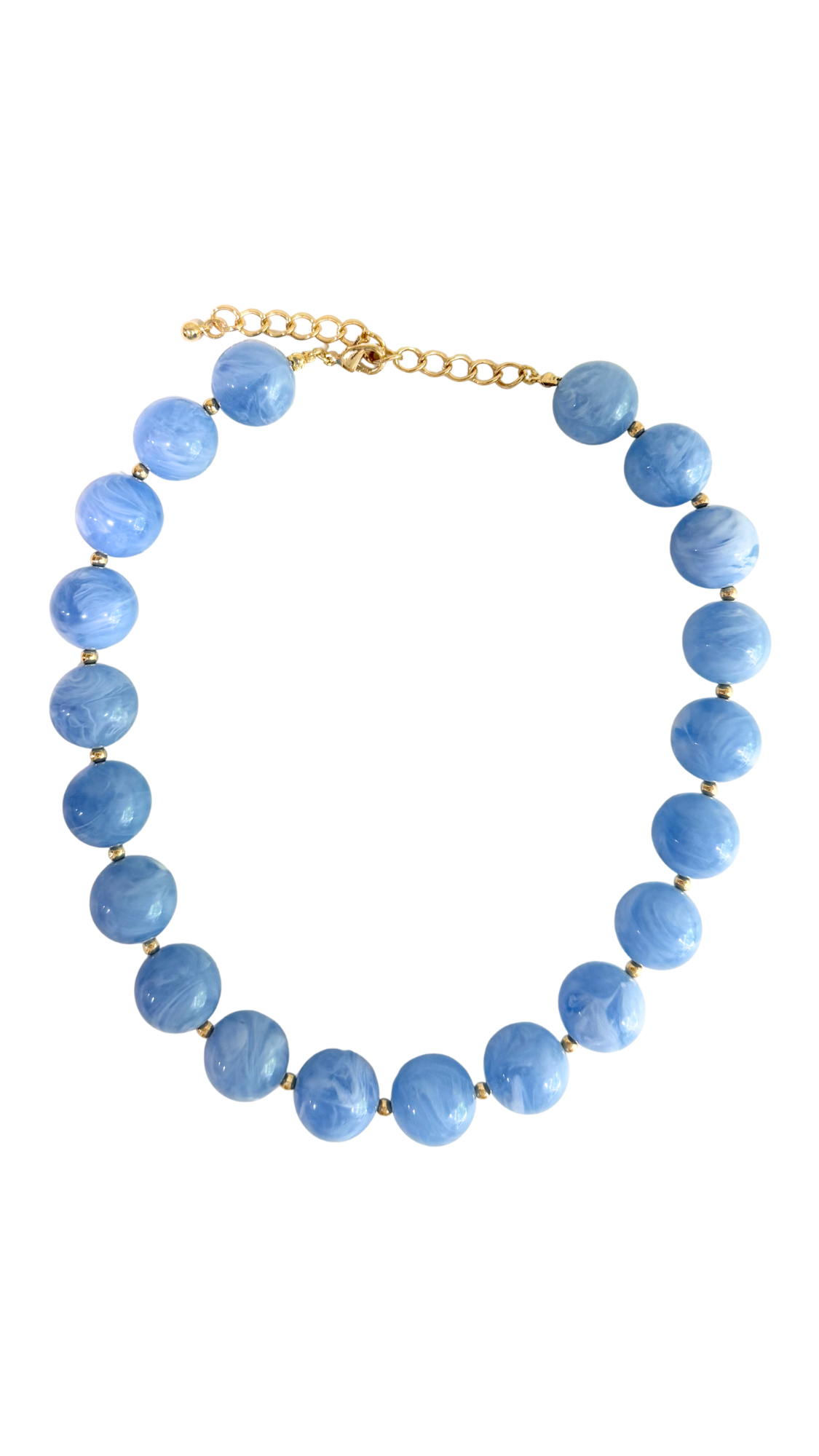 Blue beaded necklace with gold chain on a white background
