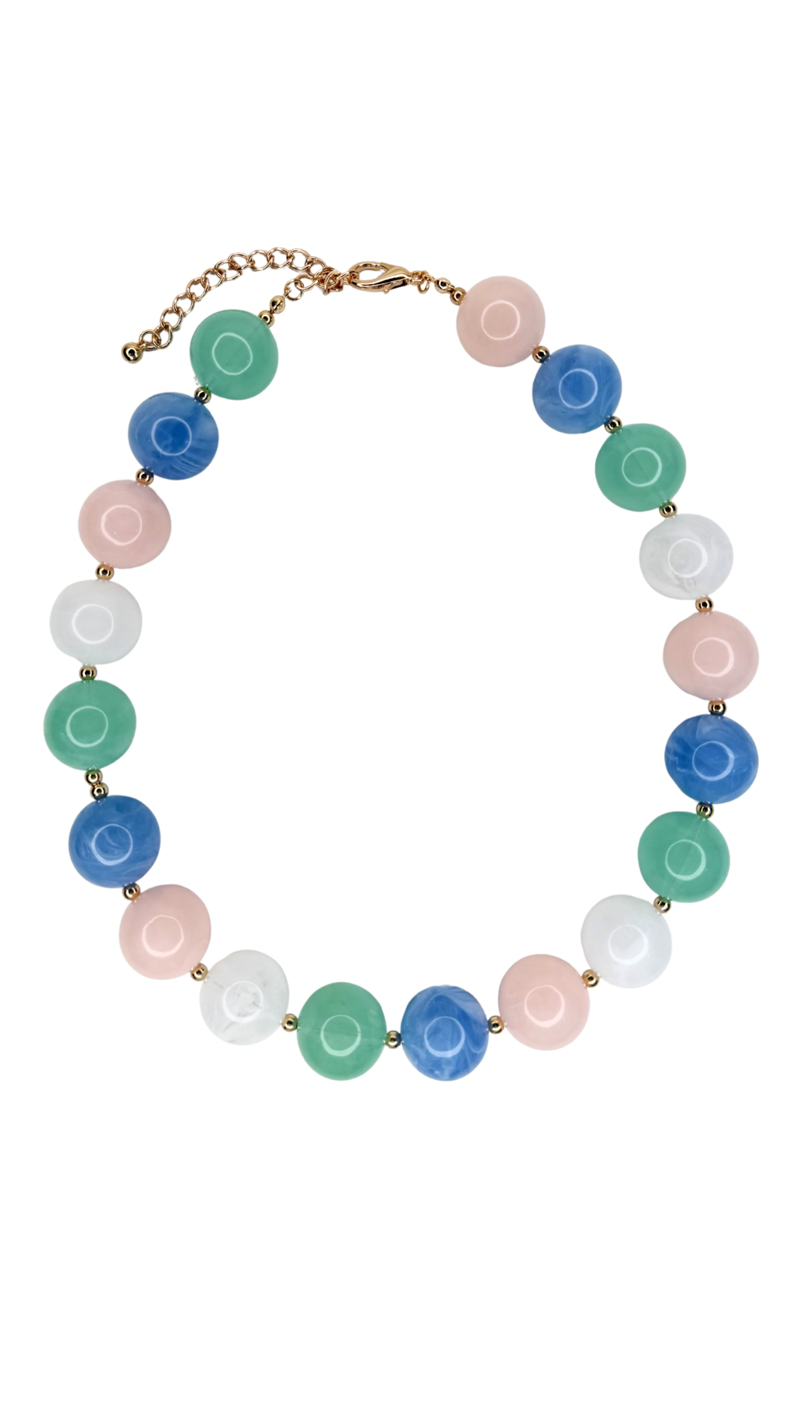 Necklace with multicolored beads on a white background