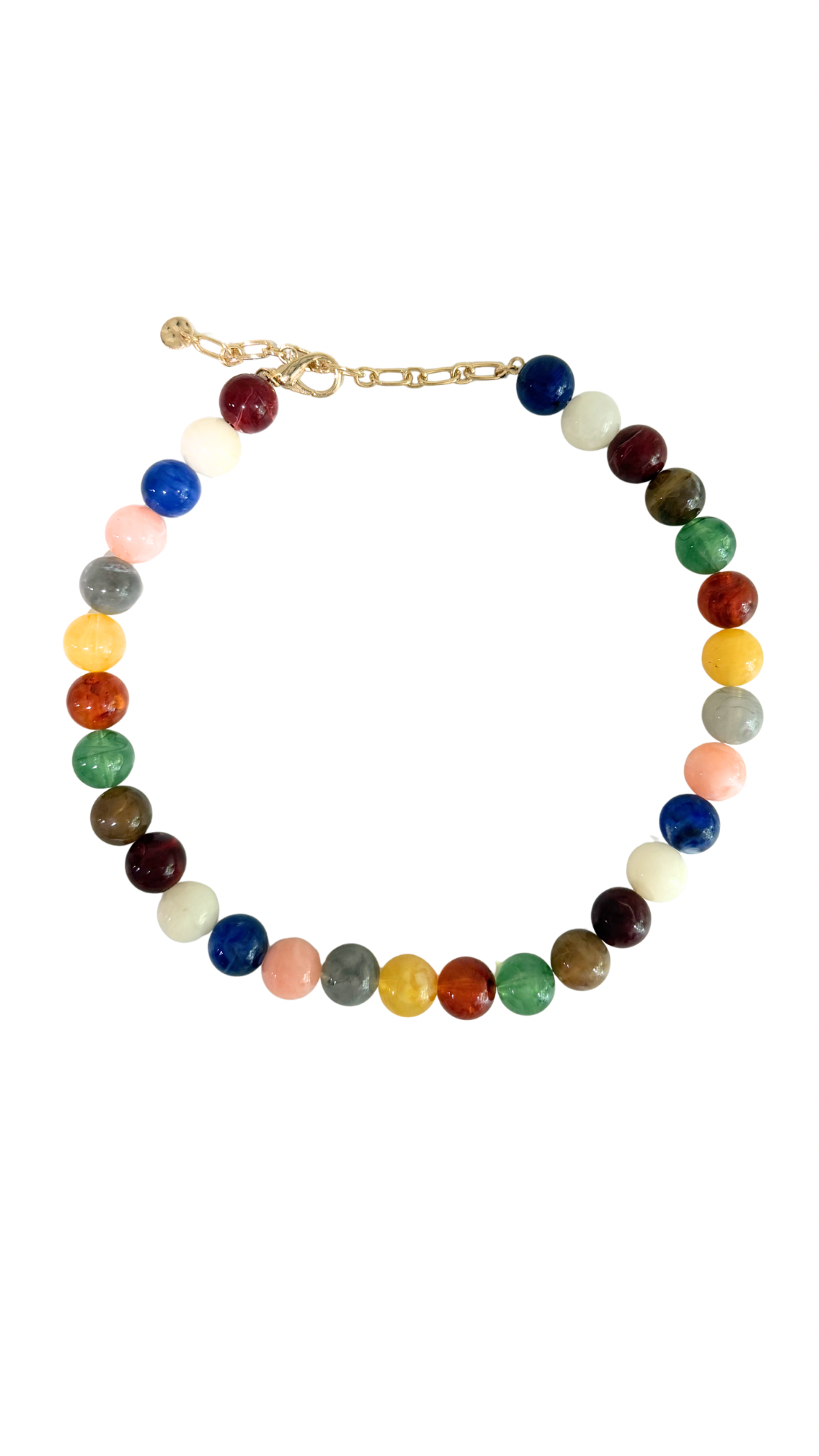 Multicolored beaded necklace on a white background
