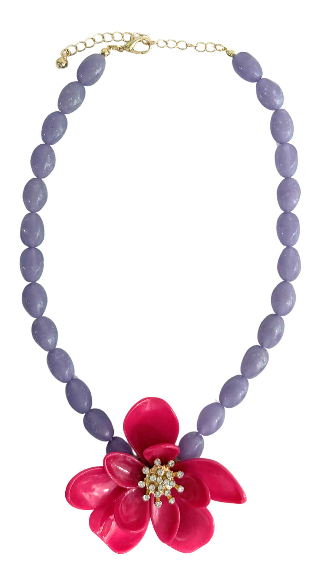Necklace with purple beads and a pink flower pendant on a white background