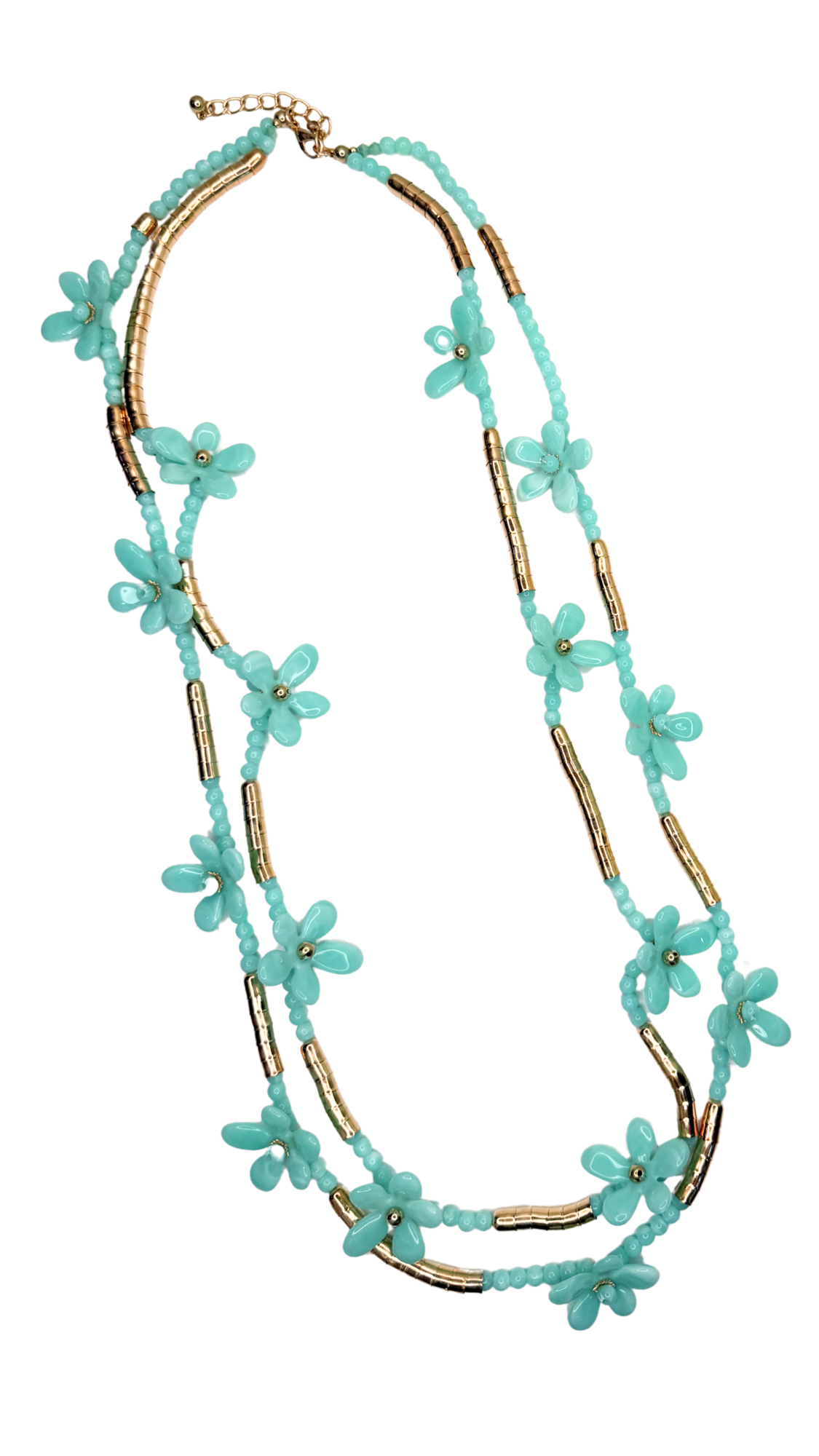 Turquoise beaded necklace with gold accents on a white background