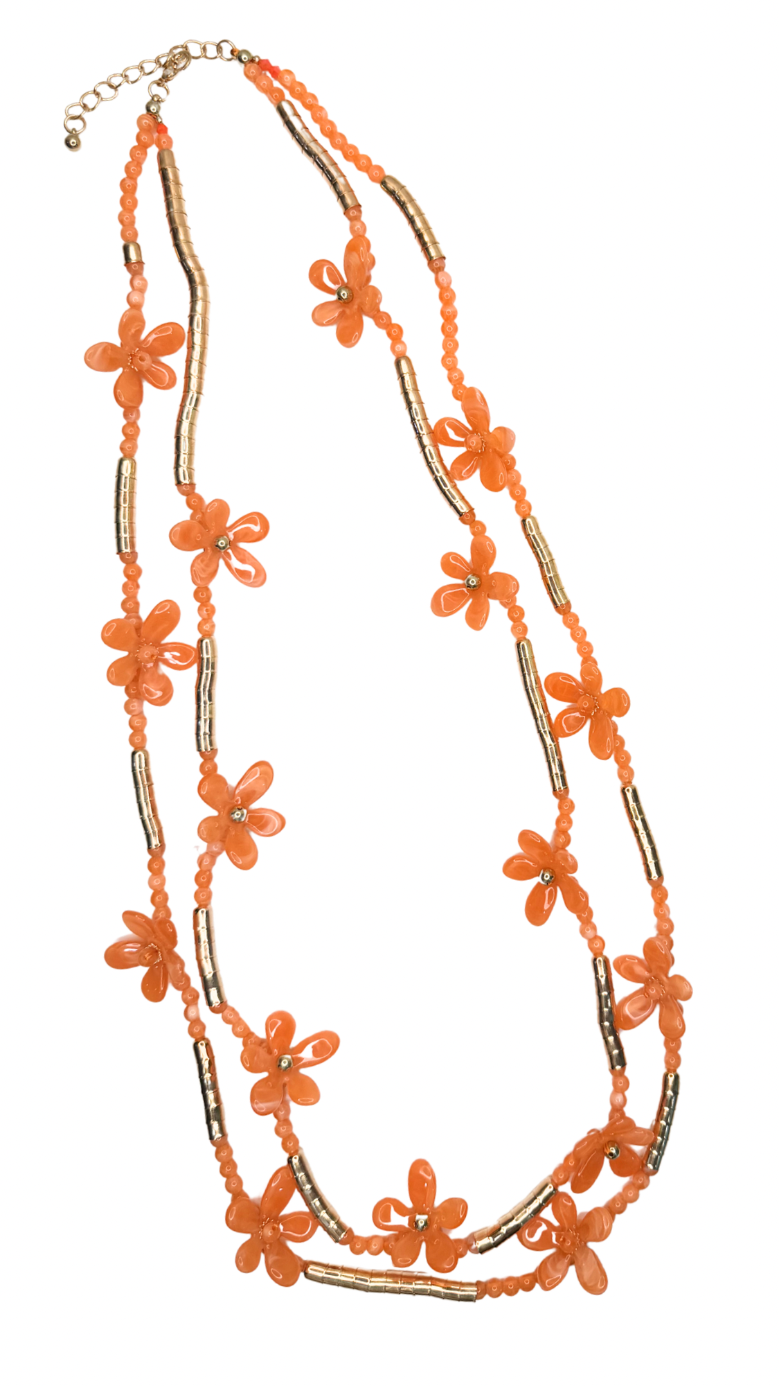 Necklace with orange floral beads on a white background