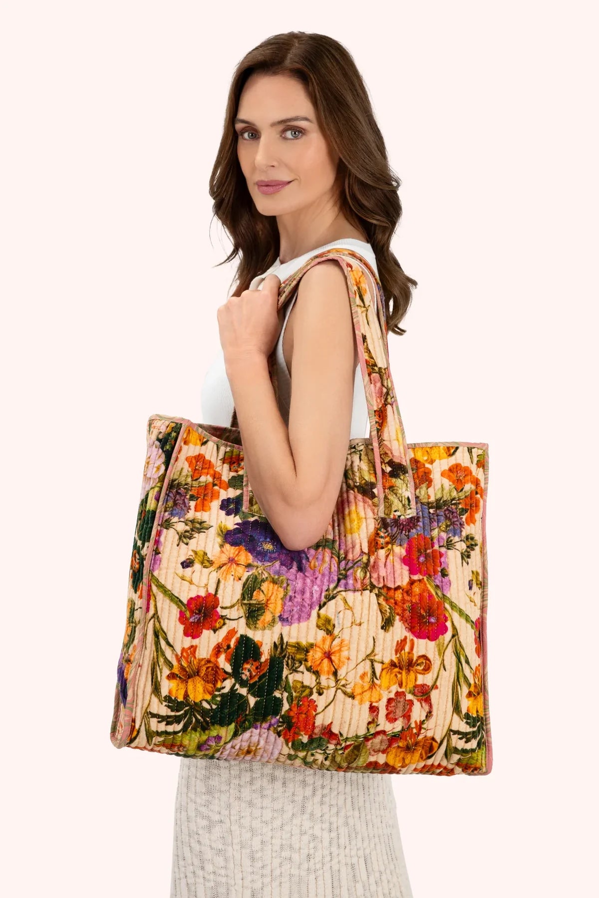Cream Floral Luxe Quilted Tote