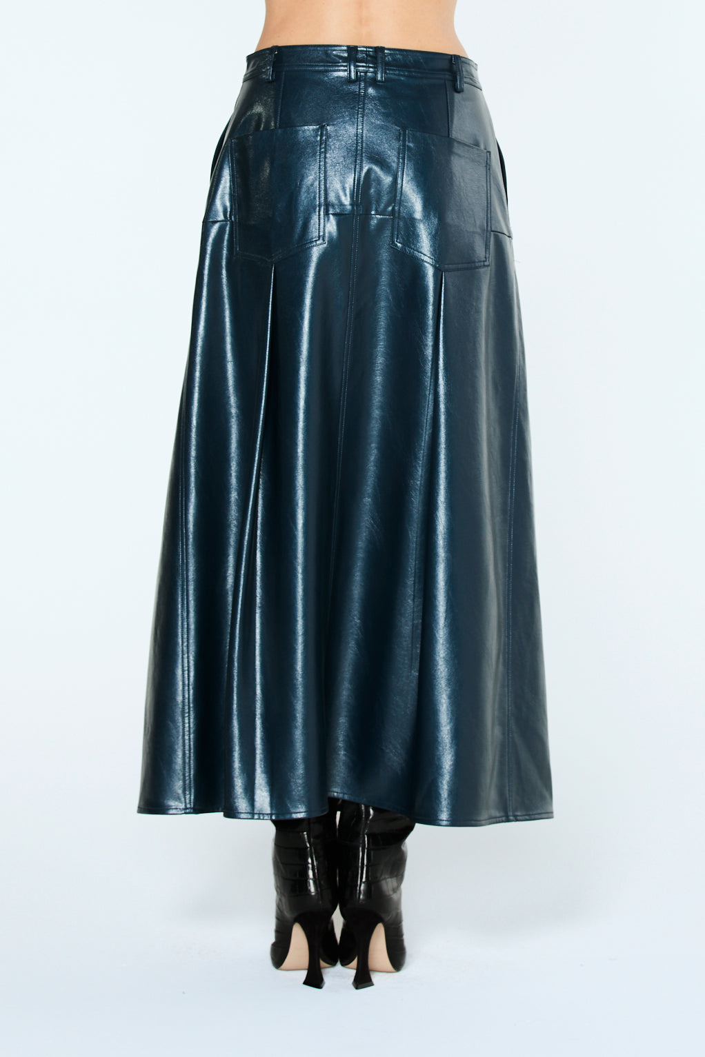 Shimmer Vegan Leather Midi Skirt in Blue by Ciebon — image 3 of 4