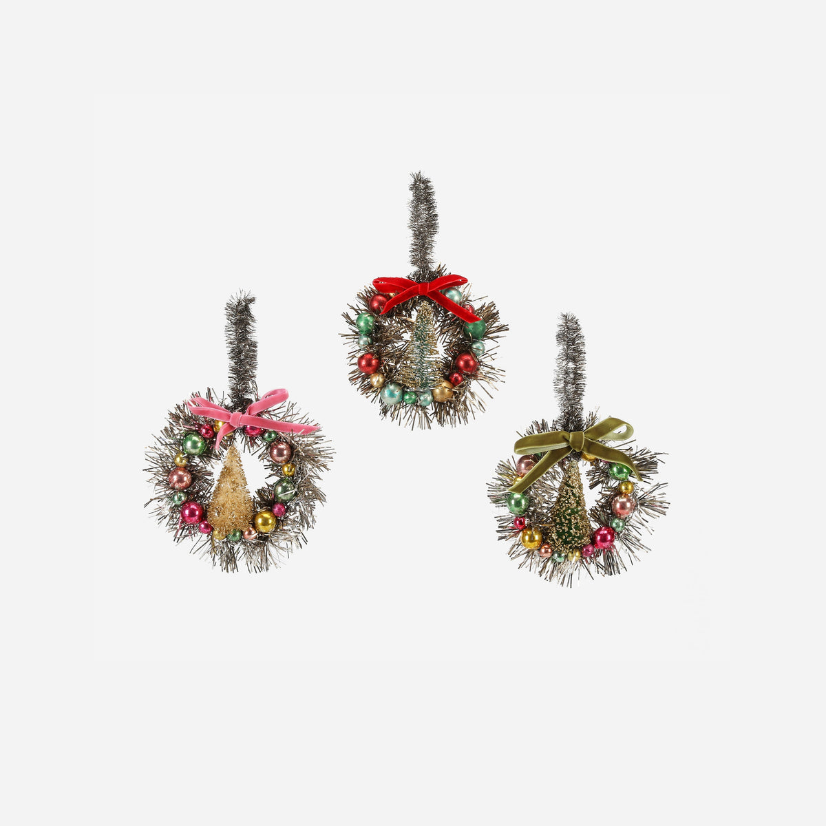 Shimmering tinsel wreath Christmas ornaments, 3 assorted styles, full view